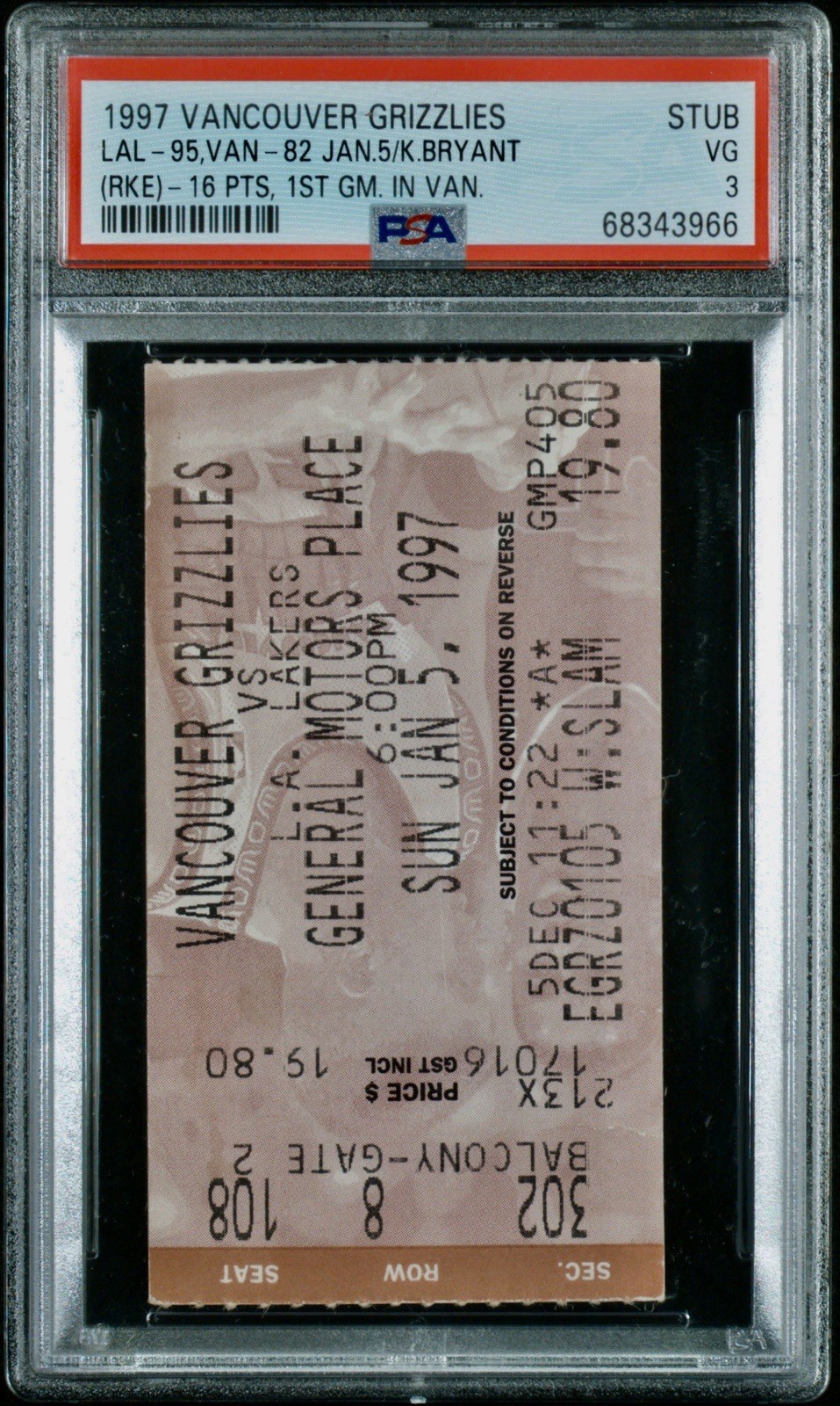 1997 KOBE BRYANT 1ST GAME IN VANCOUVER/16PT ROOKIE YEAR TICKET STUB LAKERS PSA 3