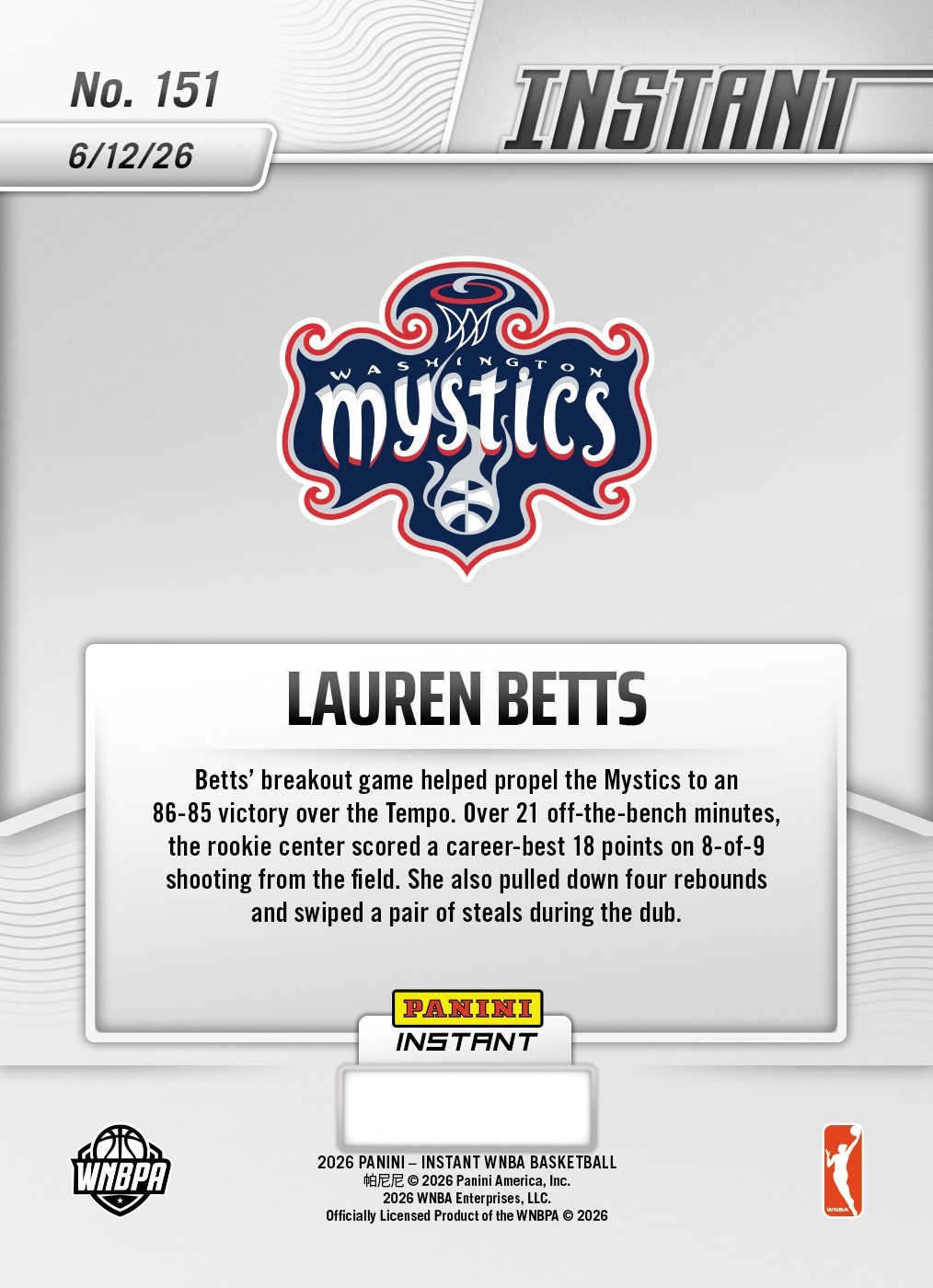 2026 Panini Instant WNBA #151 Lauren Betts Washington Mystics RC PRESALE