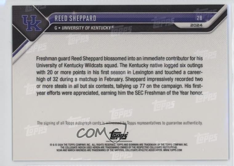 2023-24 Bowman U Now NCAA March Madness Blue /49 Reed Sheppard #2B Auto 1u4