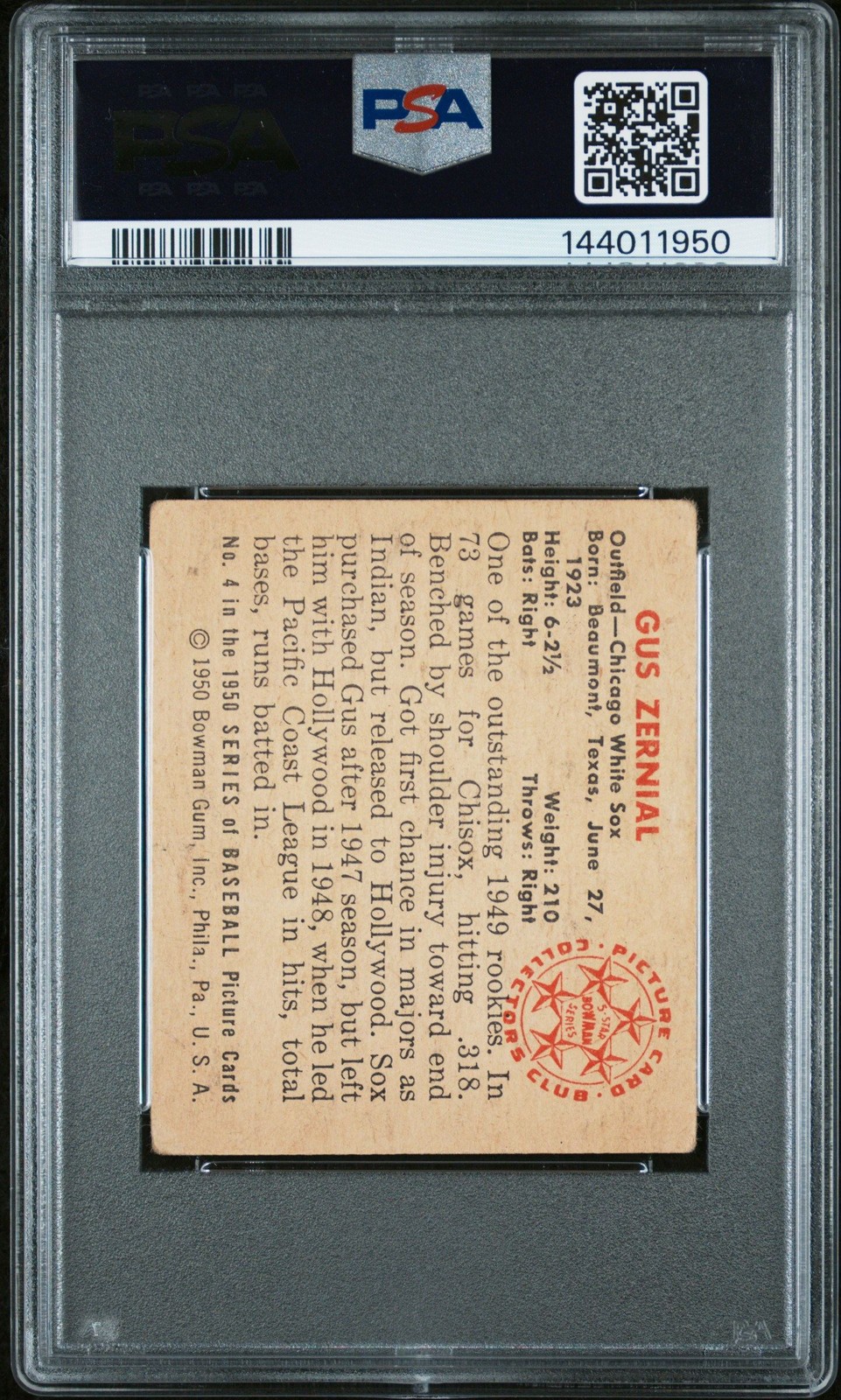 Gus Zernial 1950 Bowman PSA 2 #4 Chicago White Sox