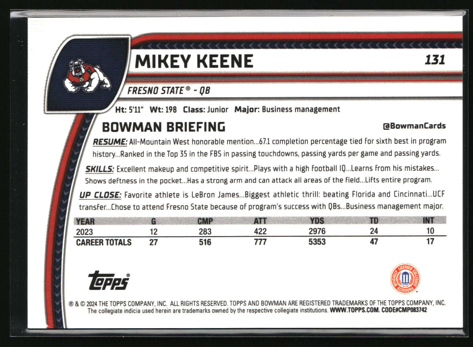 Mikey Keene Yellow /75 2024 Bowman UChrome Sapphire Fresno State Bulldogs