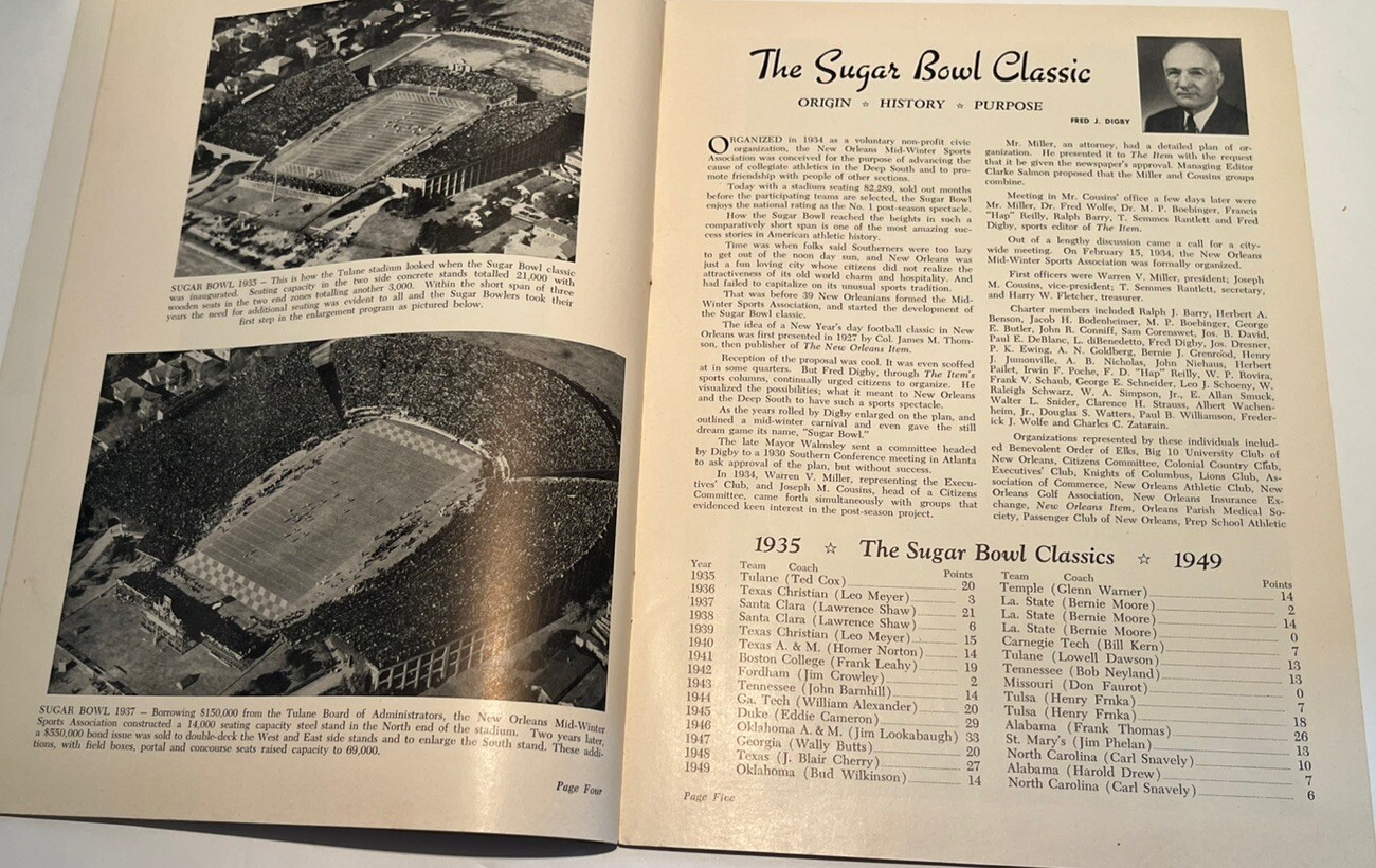 New Orleans 1951 Sugar Bowl Souvenir History Book, a Football Classic Fred Digby