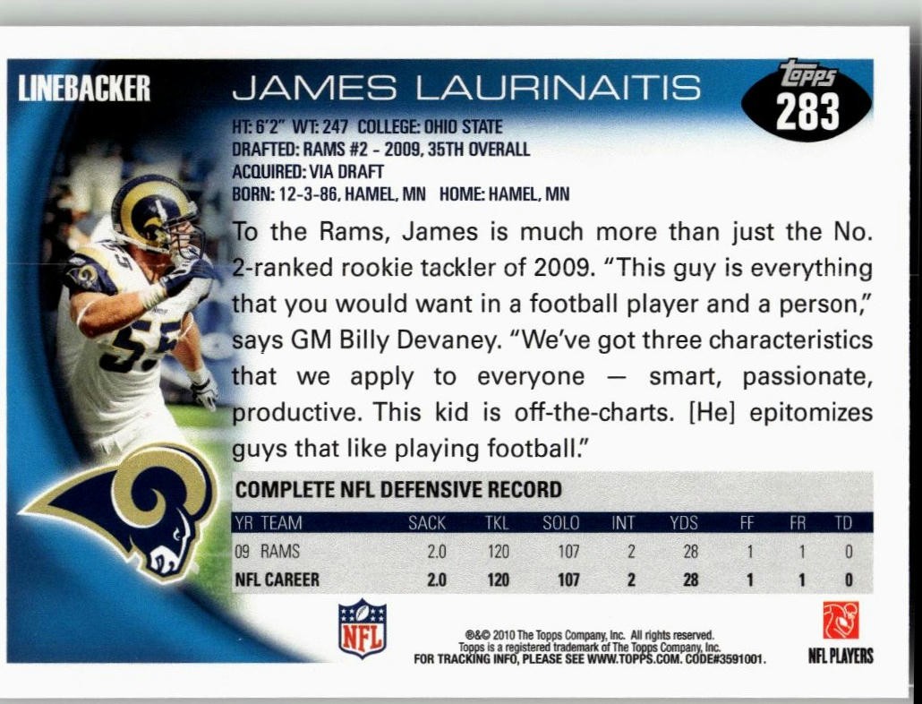 James Laurinaitis 2010 Topps Football St. Louis Rams