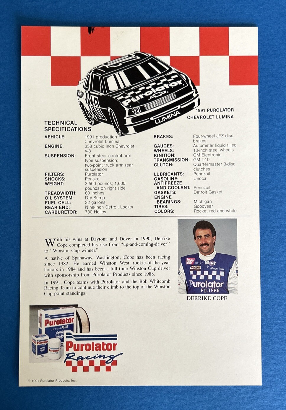 1991 DERRIKE COPE #10 PUROLATOR LUMINA 6×9 Hero Team Card NASCAR Auto Racing