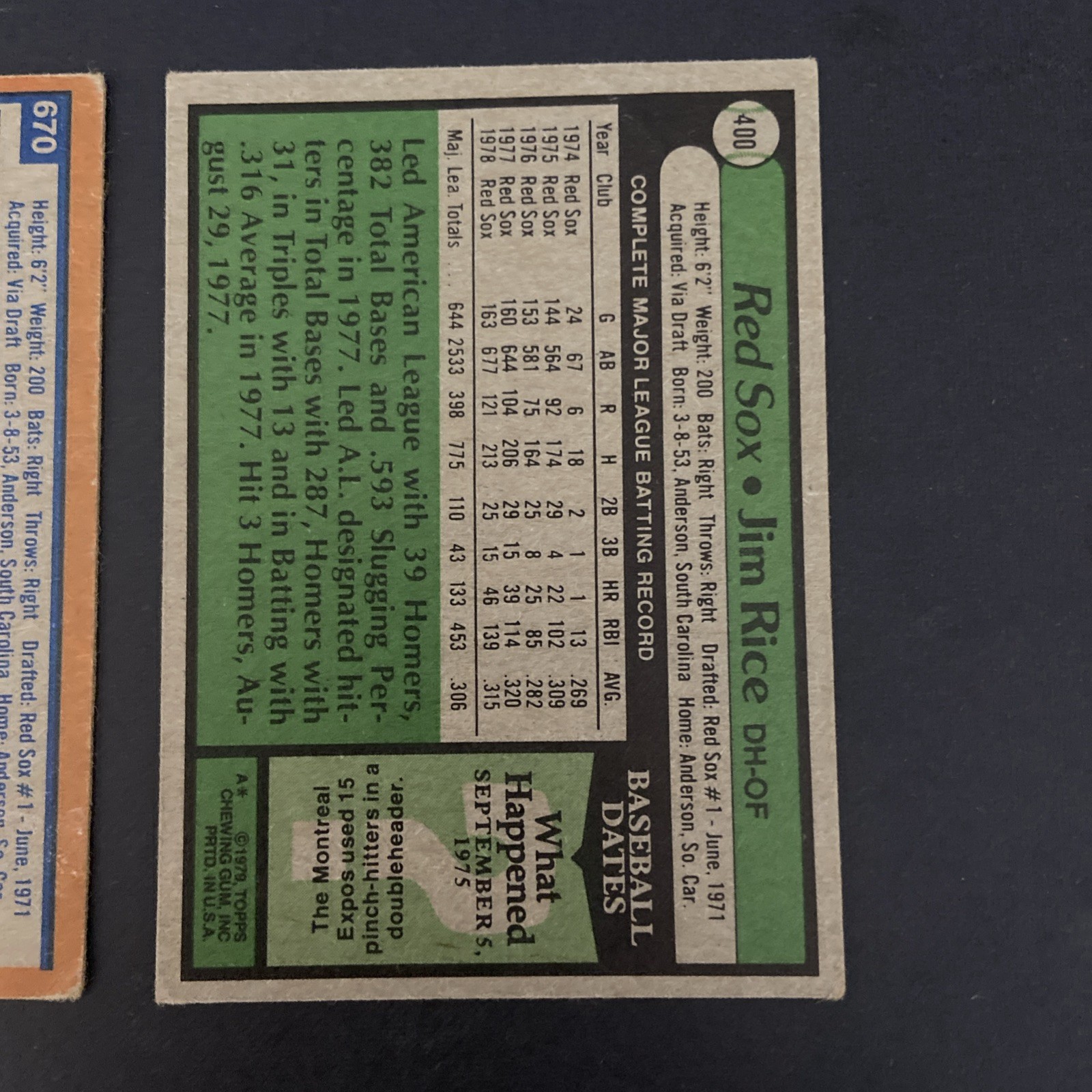 Jim Rice – Lot of 2 Cards – 1978 & 1979 Topps – Boston Red Sox #670 & #400