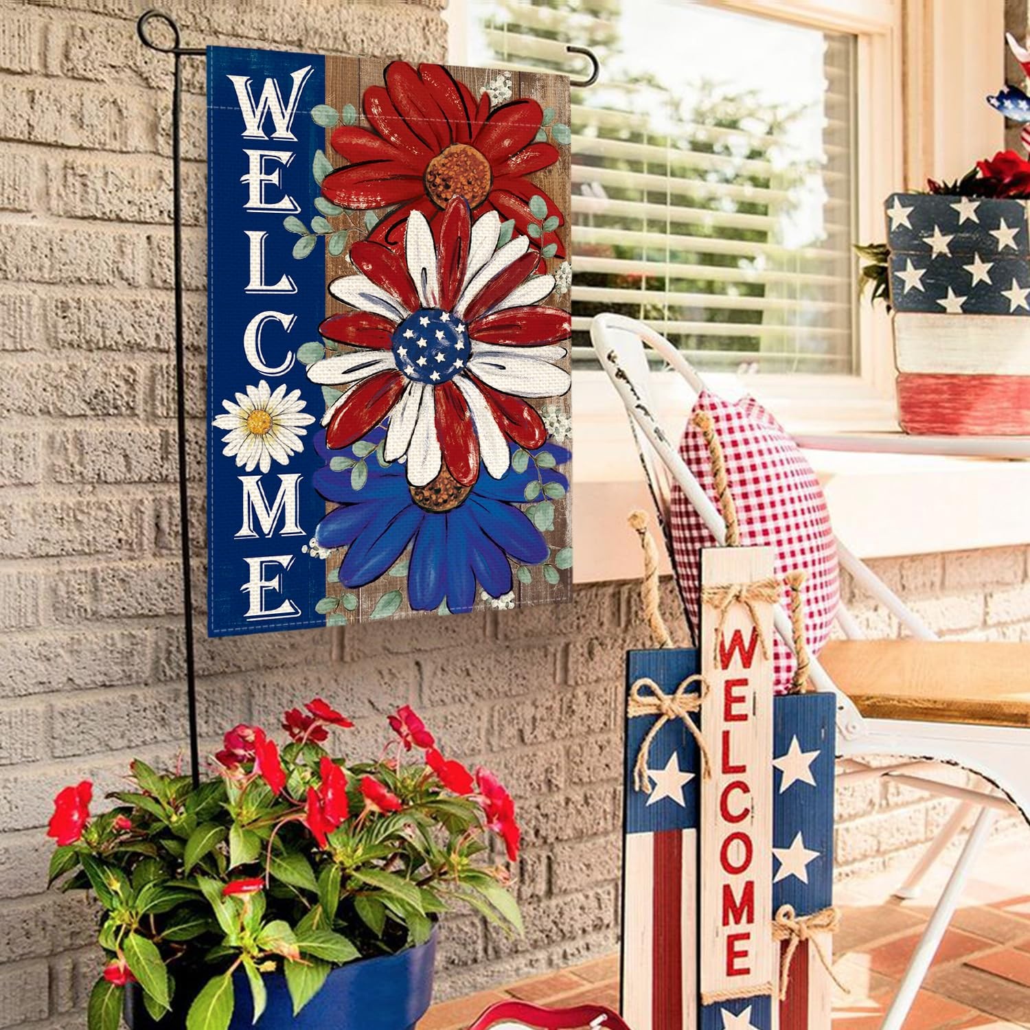 Patriotic 4th of July Garden Flag 12×18 Inch Double Sided Outside, Floral Welcom