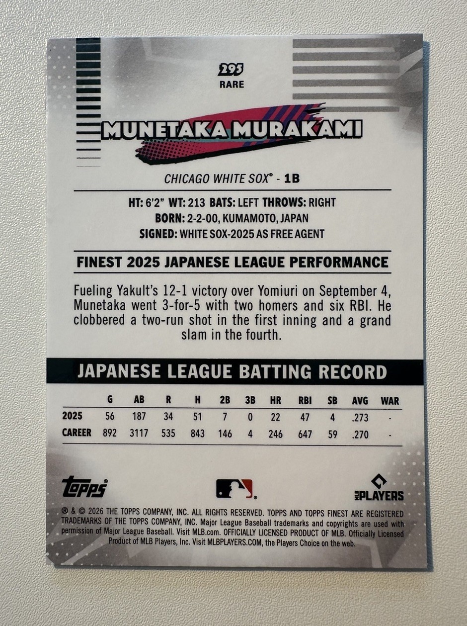 2026 Topps Finest Munetaka Murakami RC Rare Mini Diamond Refractor #295