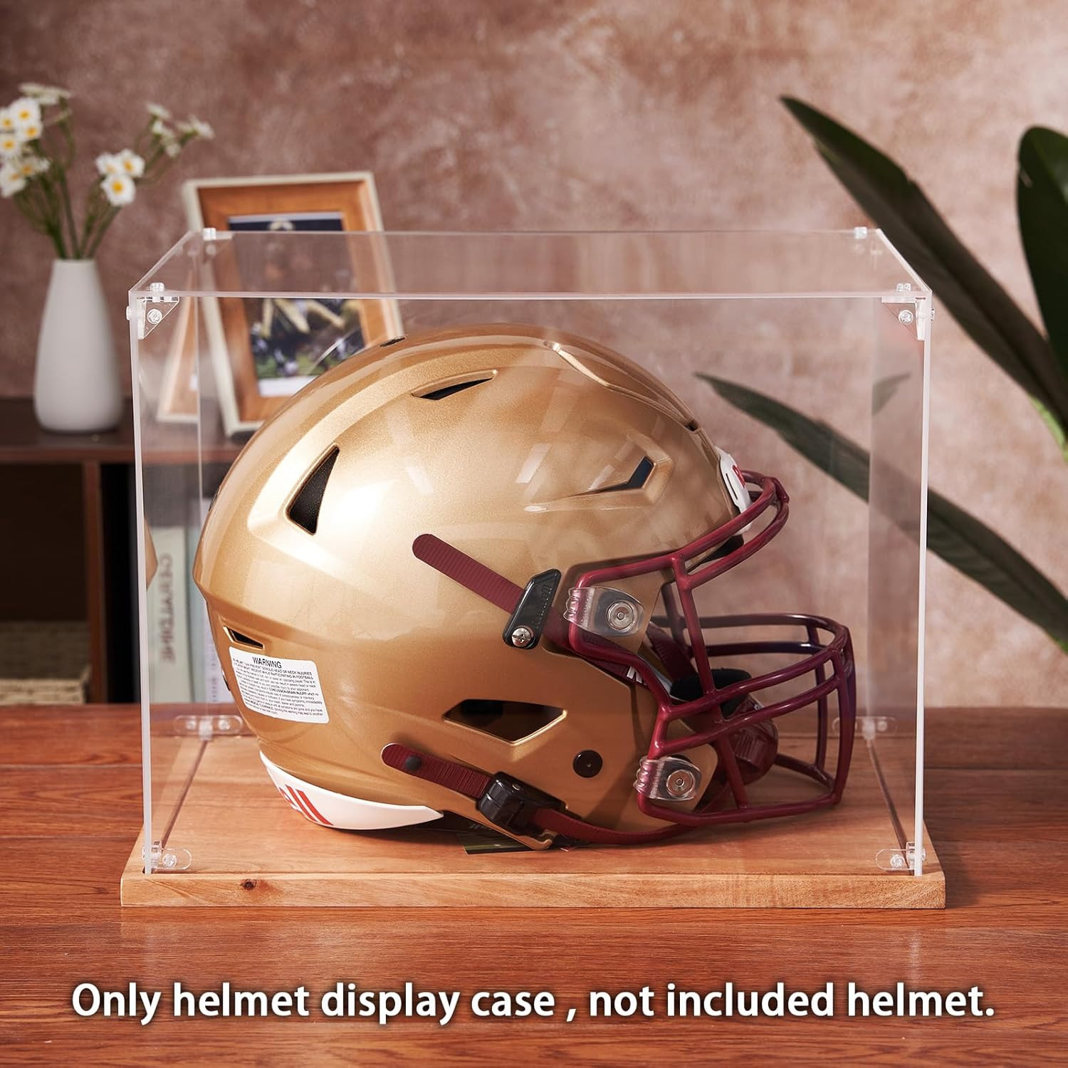 Acrylic Football Helmet Display Case with Solid Wood Base, UV Protection