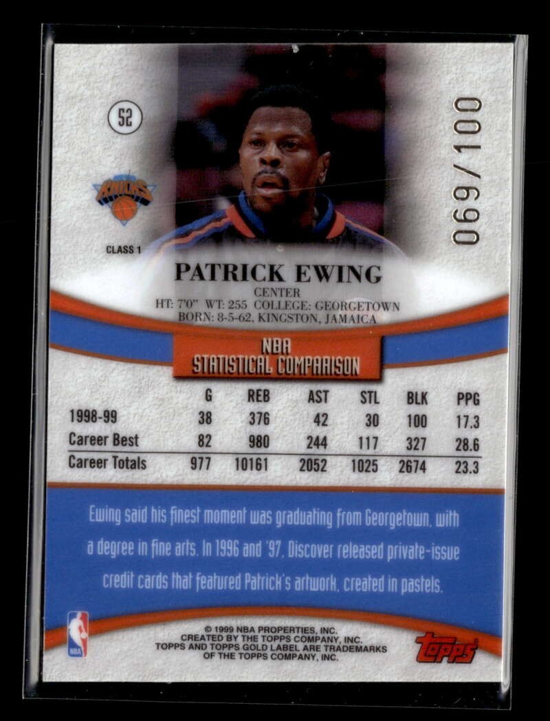 1999-00 Topps Gold Label Patrick Ewing #52 Class 1 Red Label /100 DC IC1197