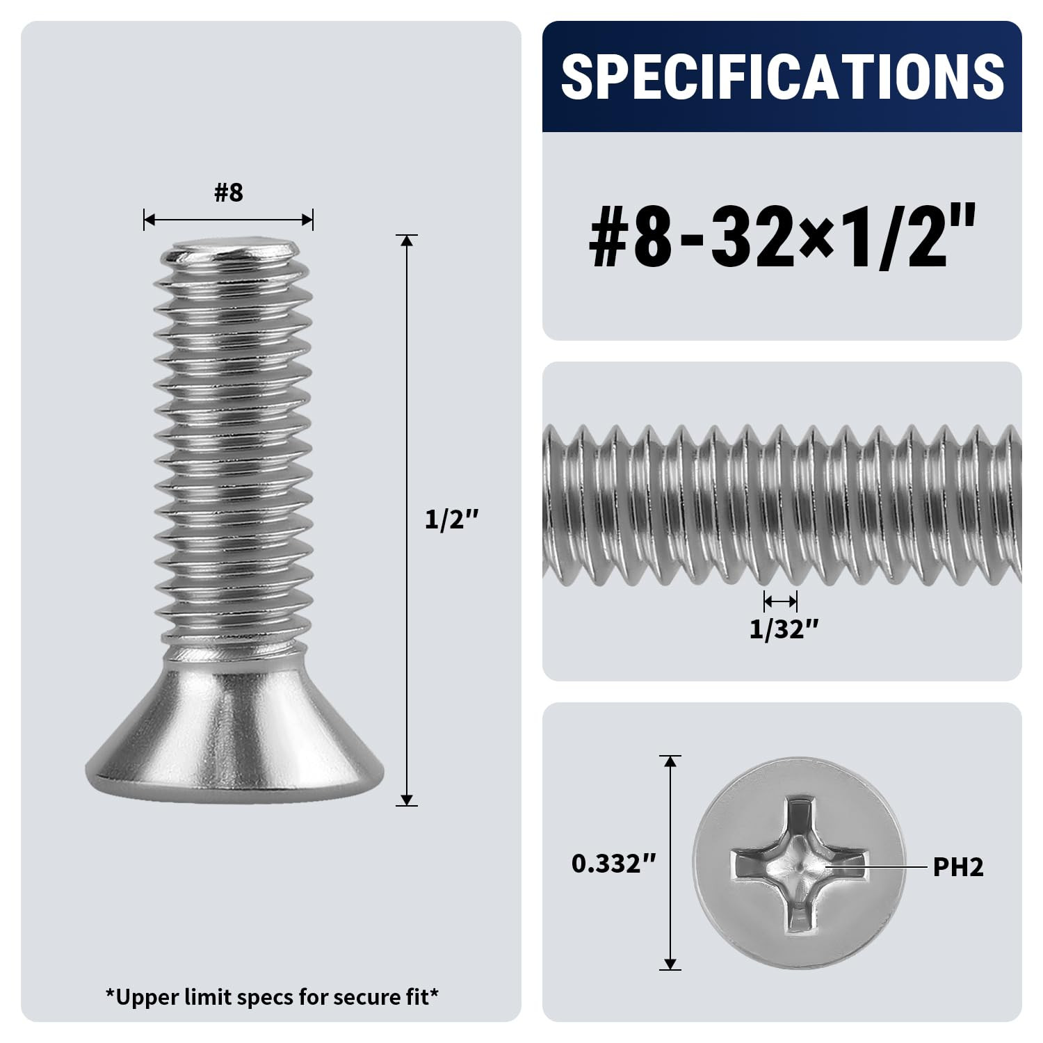 UNC #8-32 X 1/2″ (100 Pack) Stainless Flat Head Machine Screws, Stainless Steel