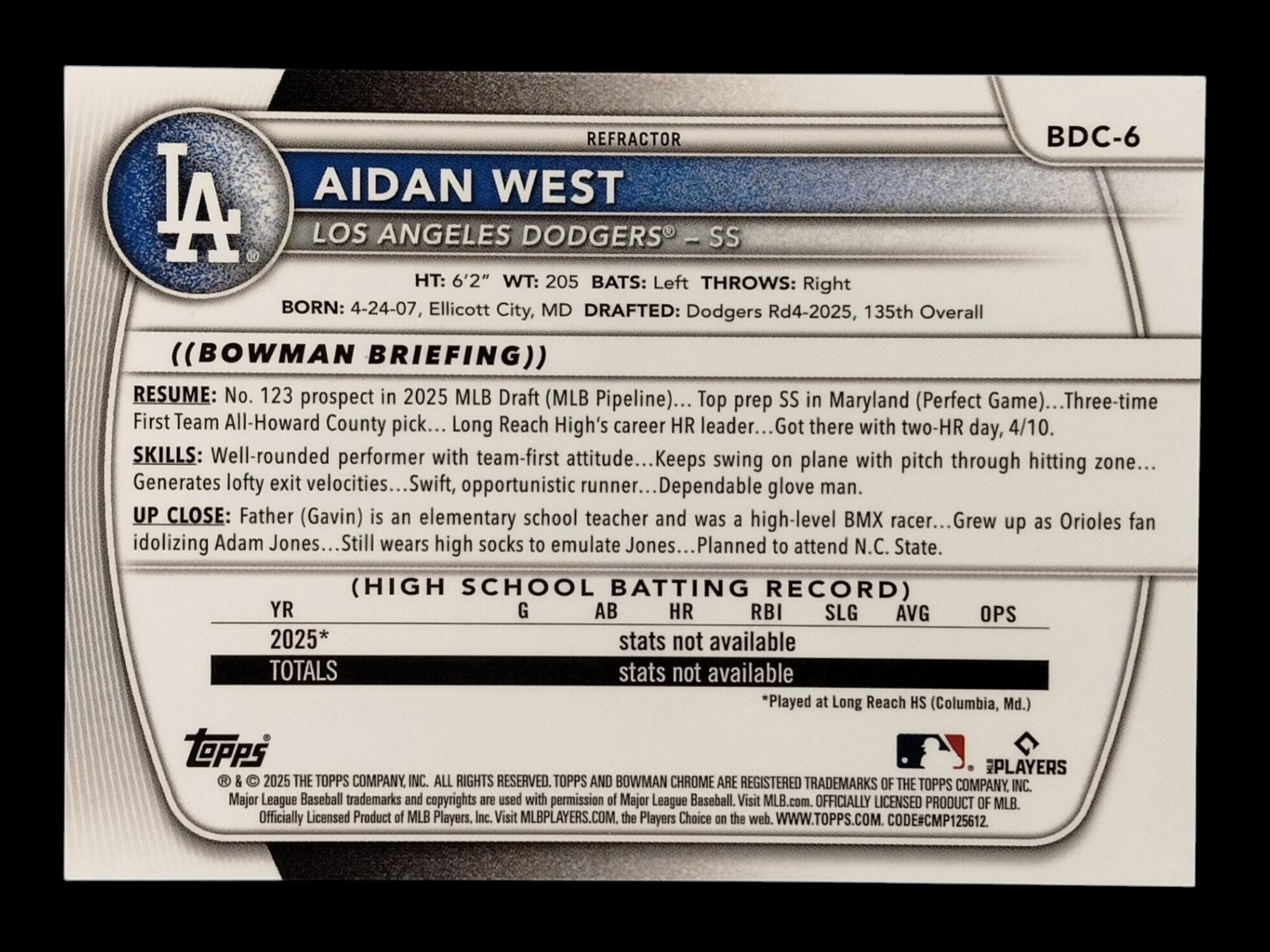 2025 Bowman Draft Chrome Refractor Aidan West #BDC-6 Los Angeles Dodgers Aiden