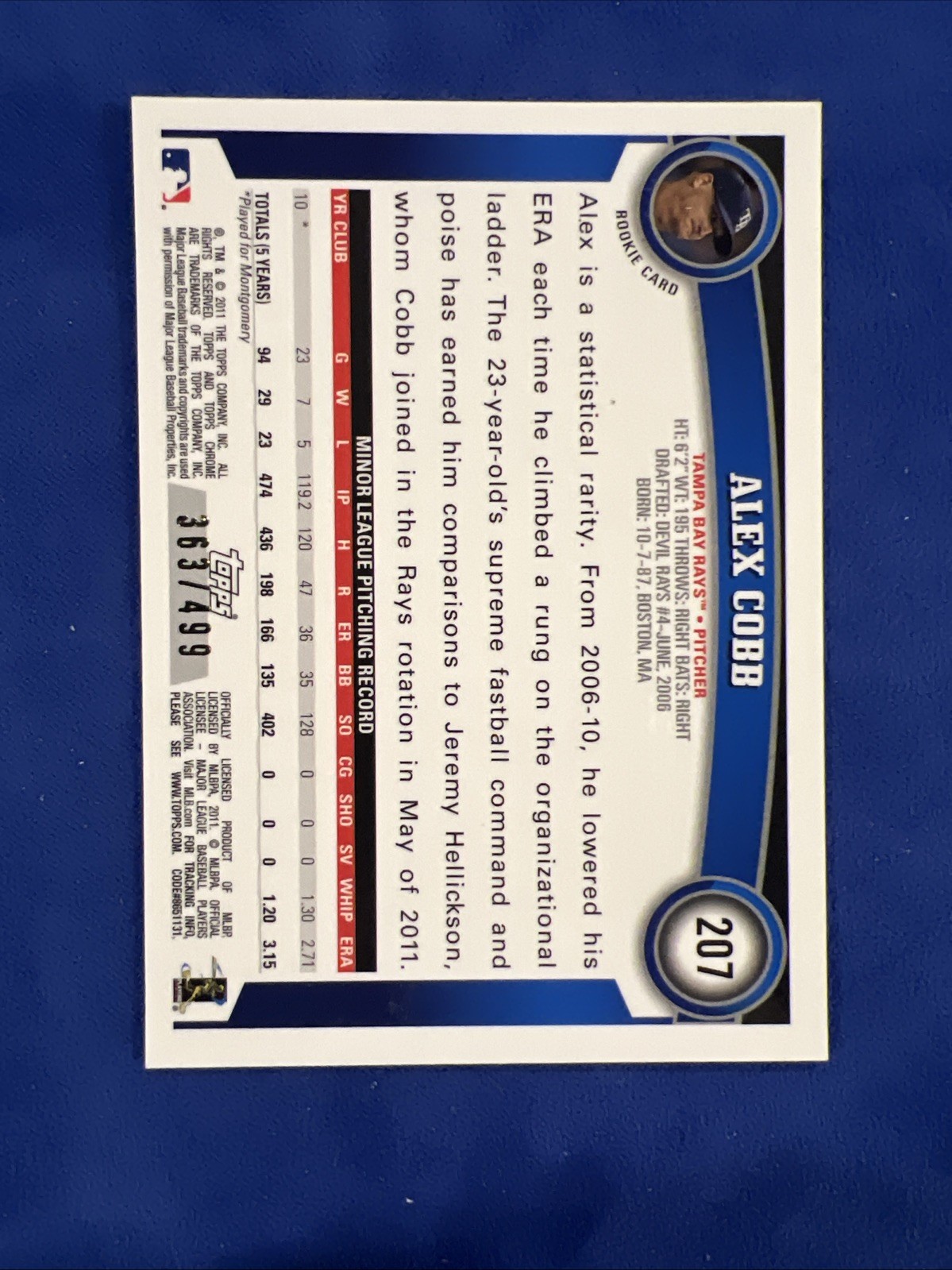 2011 Topps Chrome – Alex Cobb #207 Rookie Autographs Refractor /499 (AU, RC)