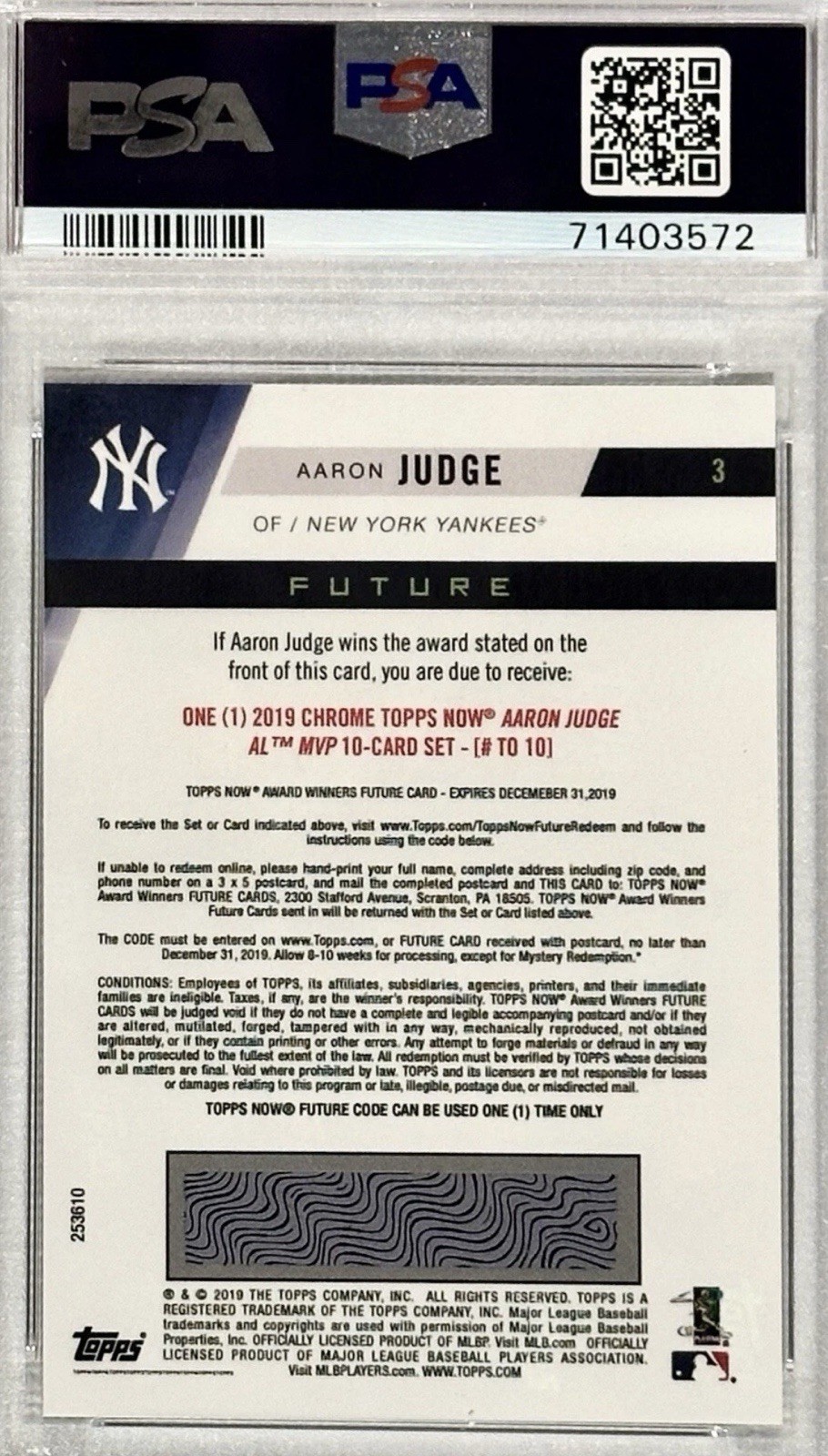 GEM MINT PSA 10 AARON JUDGE 2019 TOPPS POP 1 FUTURE MVP AWARD WINNER GRADE
