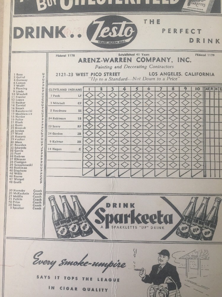 1947 Cleveland Indians vs Chicago White Sox At Wrigley LA Scorecard