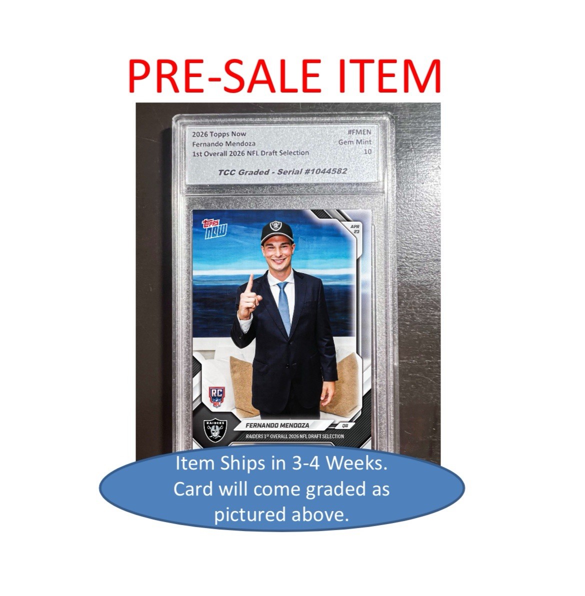 Presale 2026 Topps Now Fernando Mendoza NFL Draft #1 Pick TCC Graded Gem Mint 10