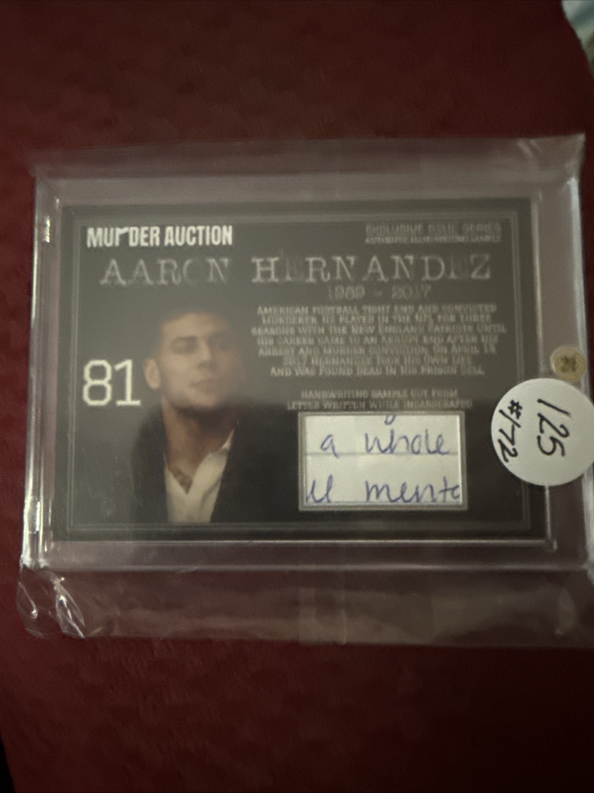Aaron Hernandez Handwriting Sample Exclusive Relic Series 49/72