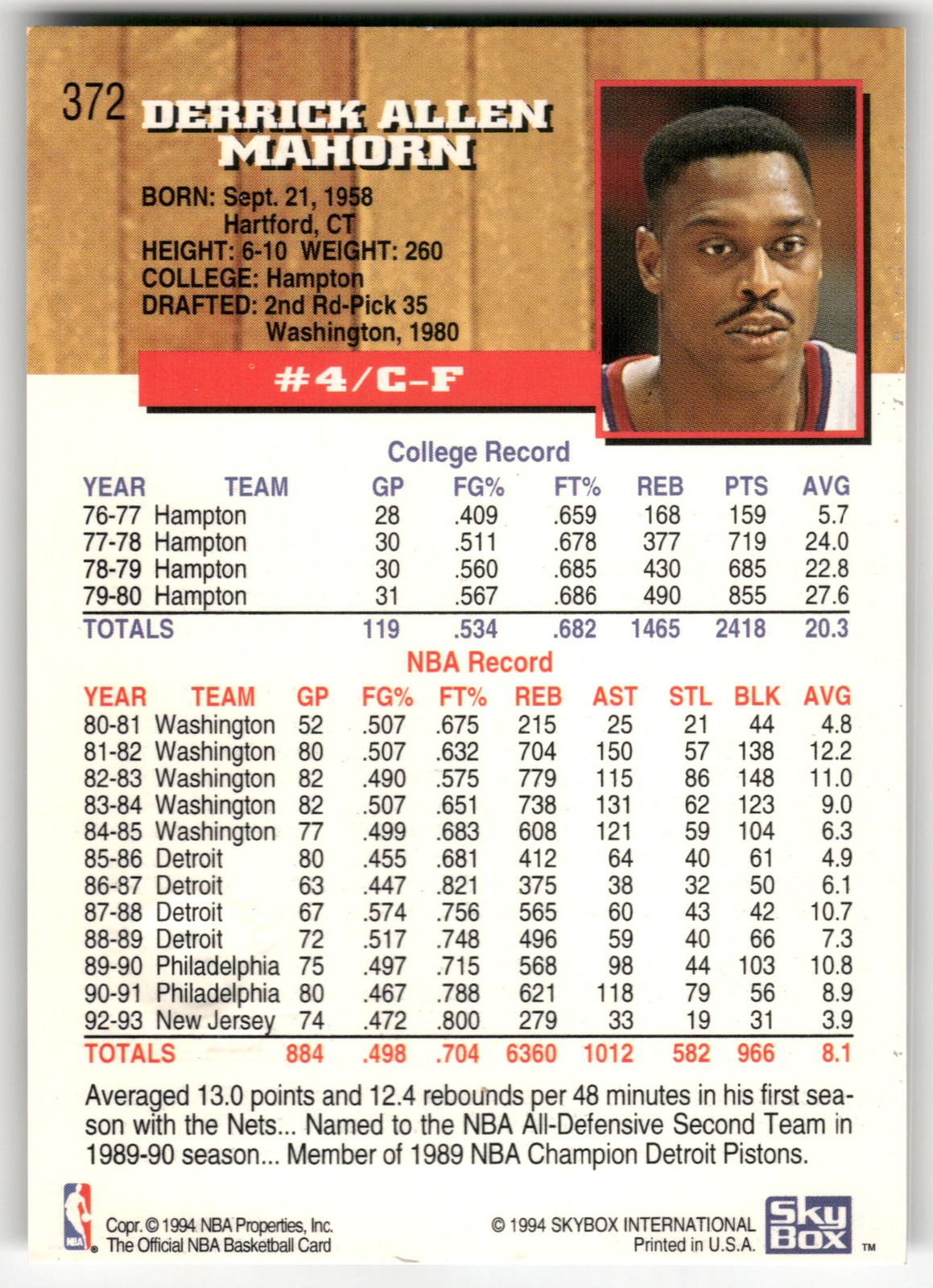 1993-94 Hoops #372 Rick Mahorn Fifth Anniversary Gold