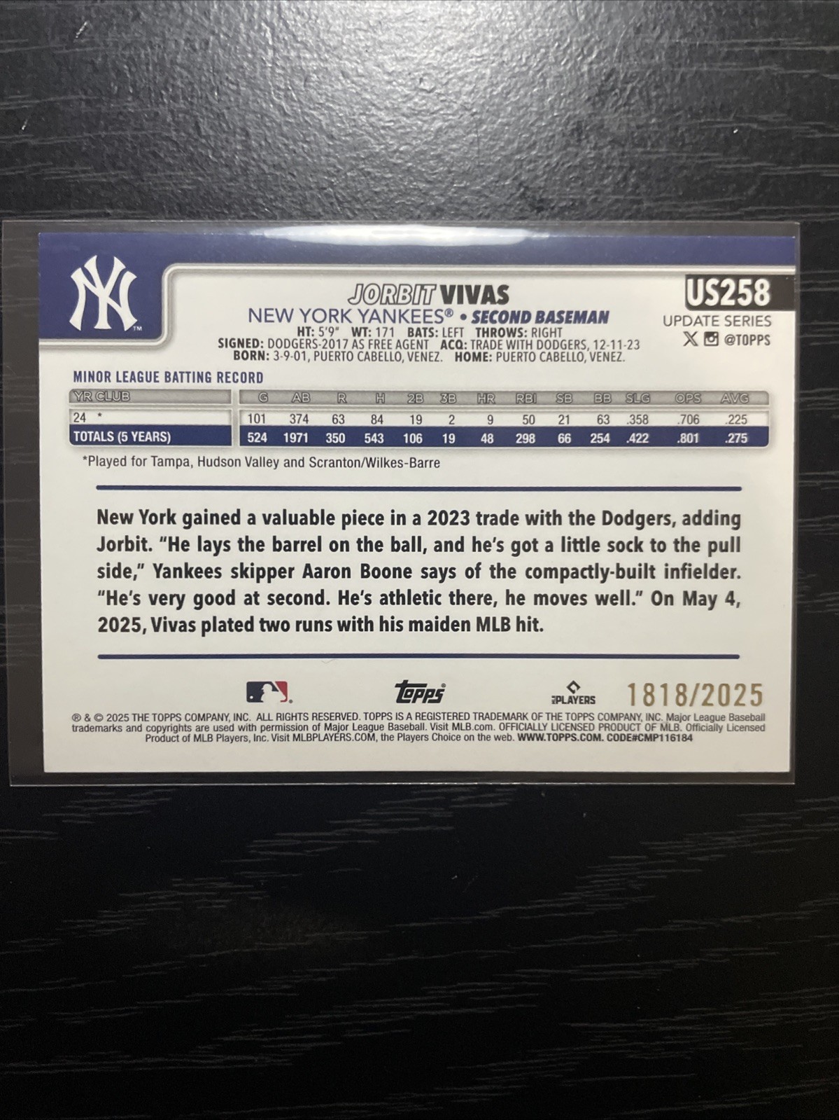2025 Topps Update Jorbit Vivas (RC) #US258 Gold /2025 New York Yankees Rookie