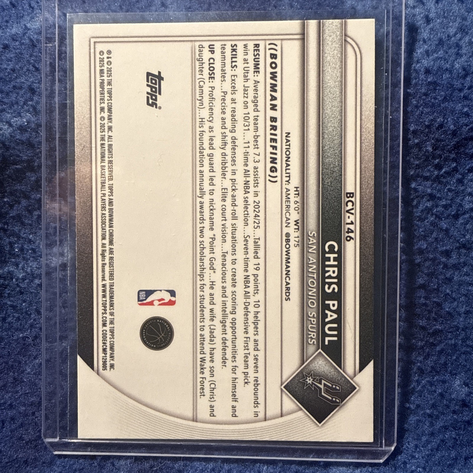 2025-26 Bowman Chrome Chris Paul Navy Blue Mojo Refractor #BCV-146 Spurs #d/175