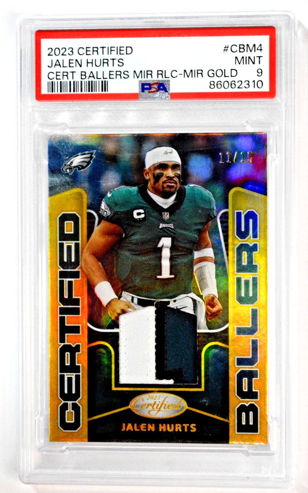 2023 Panini Certified Ballers Jalen Hurts Mirror Gold /15 Relic PSA 9 Eagles