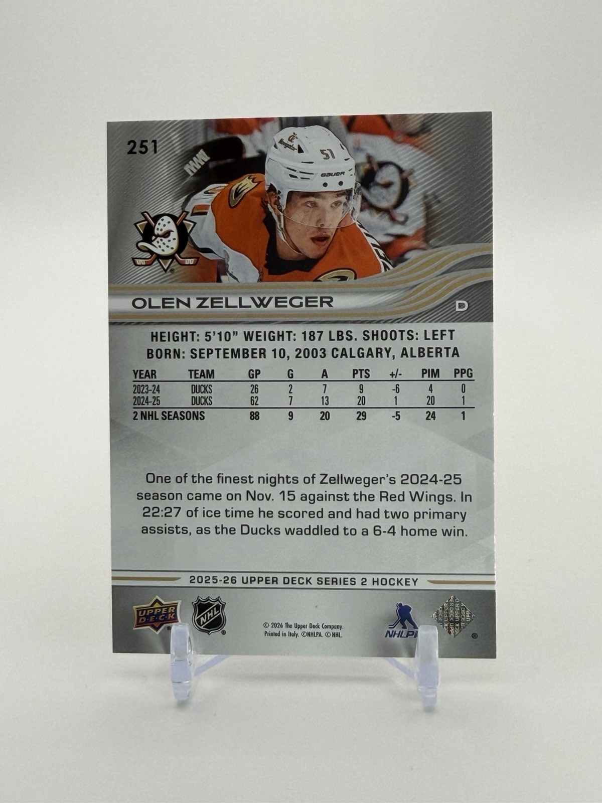 2025-26 Upper Deck Base #251 Olen Zellweger NHL Anaheim Ducks