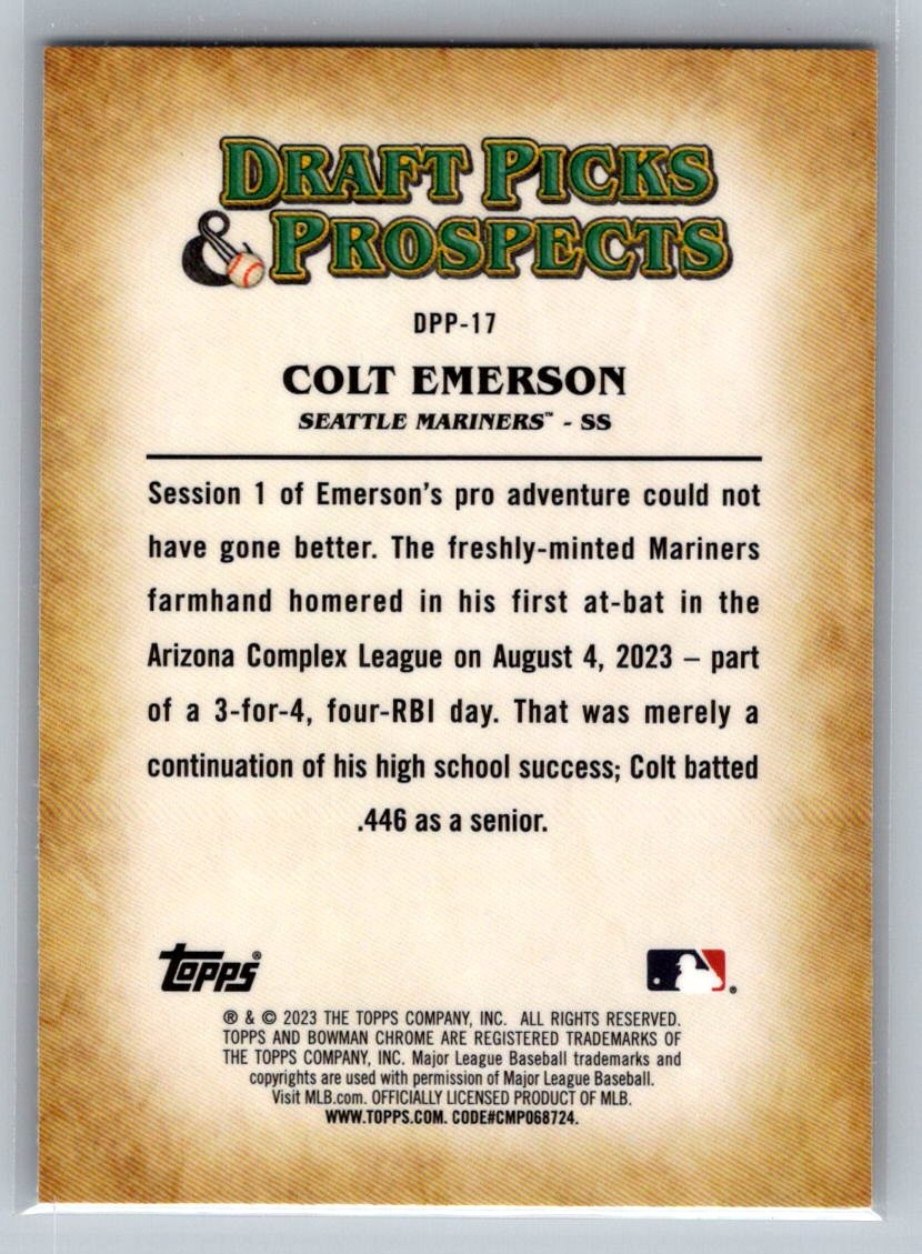 Colt Emerson 2023 Bowman Draft Chrome Draft Picks & Prospects #DPP-17 Mariners