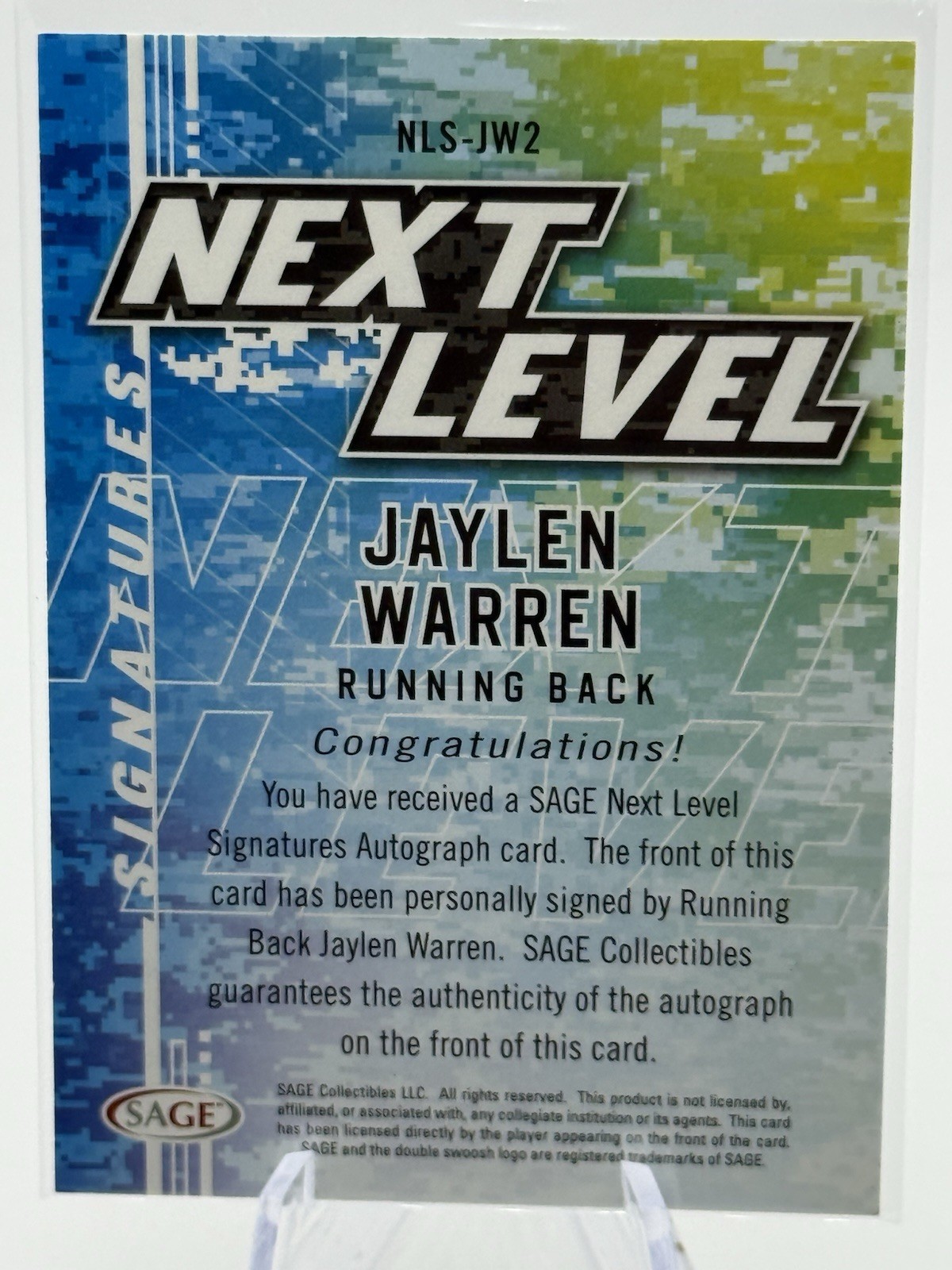 2022 SAGE – Jaylen Warren Next Level Signatures Silver 1/25 #NLS-JW2 *BOOKEND*