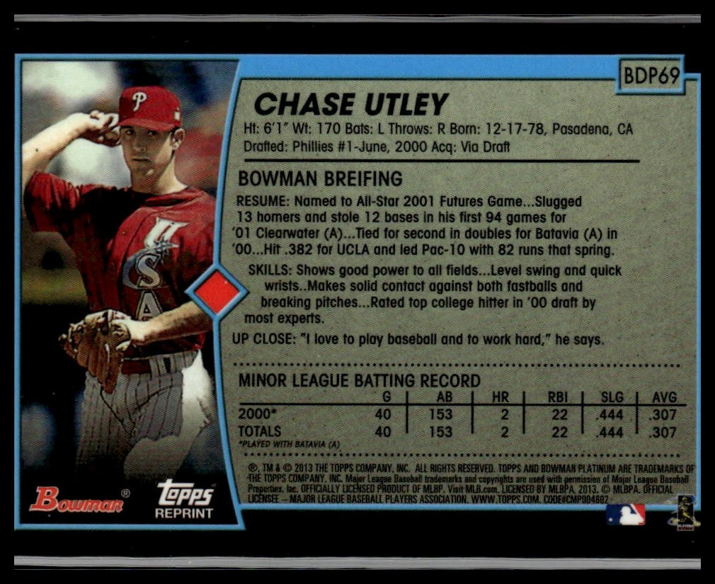 2013 Bowman Platinum #BDP69 Chase Utley Blue Sapphire Refractor Rookie Reprints