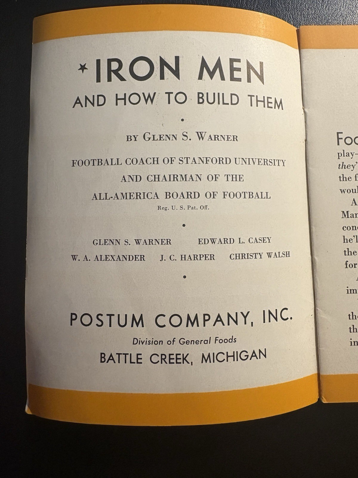 1932 Pop Warner Iron Men How To Build Them Stanford Football Postum Booklet