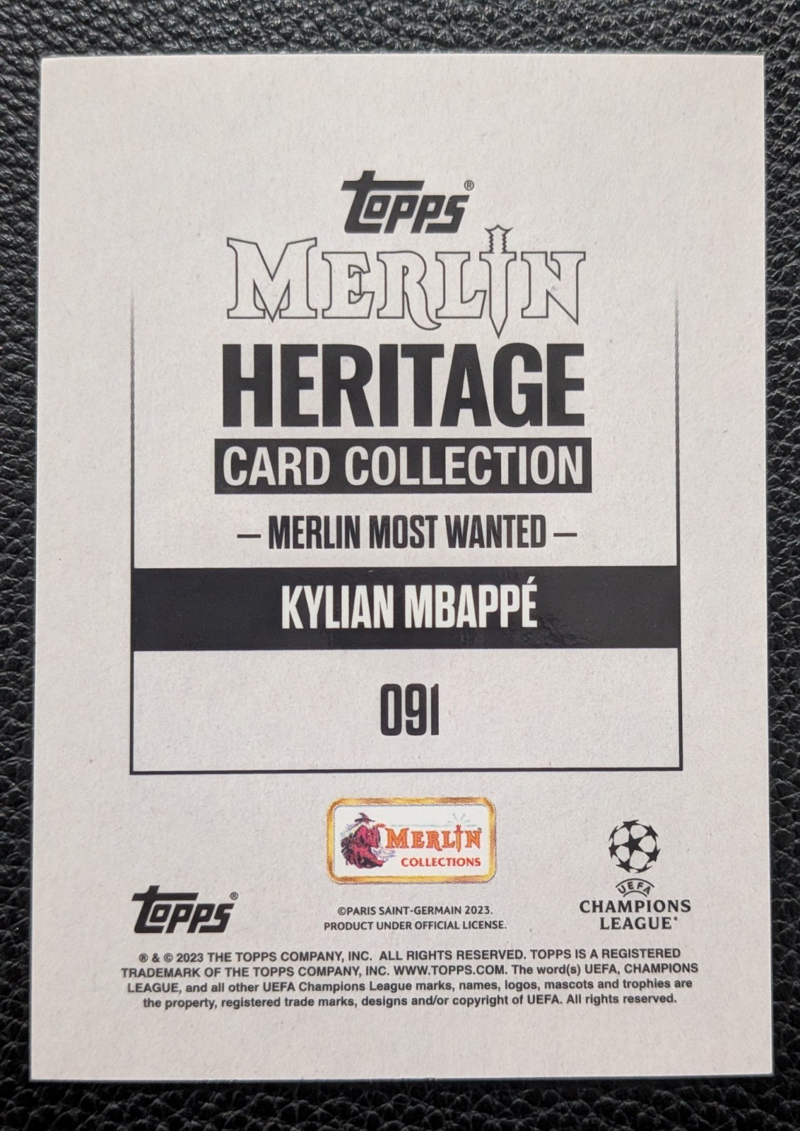 2023-24 Topps Merlin Heritage Kylian Mbappe Most Wanted Green /49 Real Madrid SP