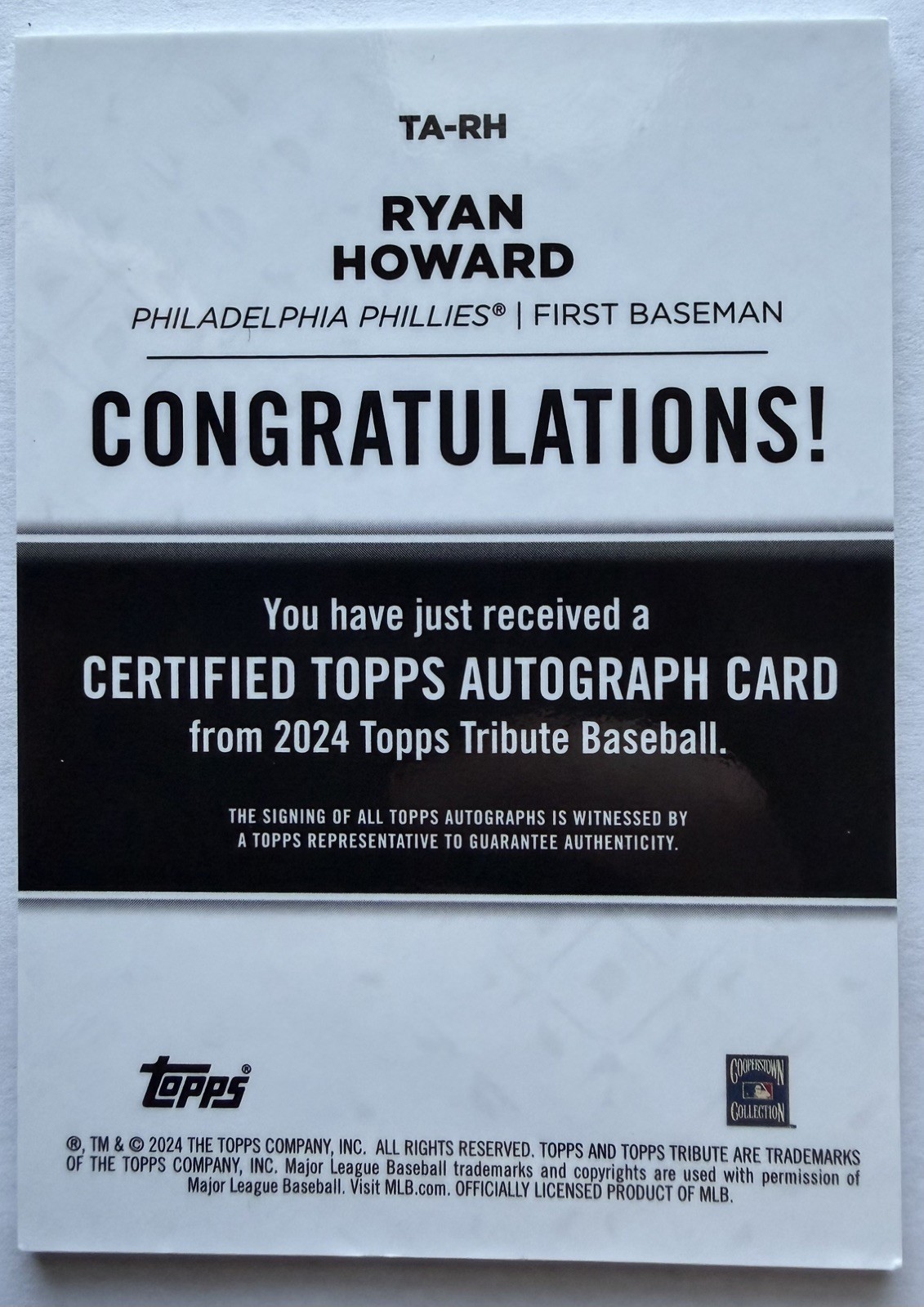 2024 Topps Tribute – Tribute Autographs Ryan Howard #TA-RH Blue /150 (AU)