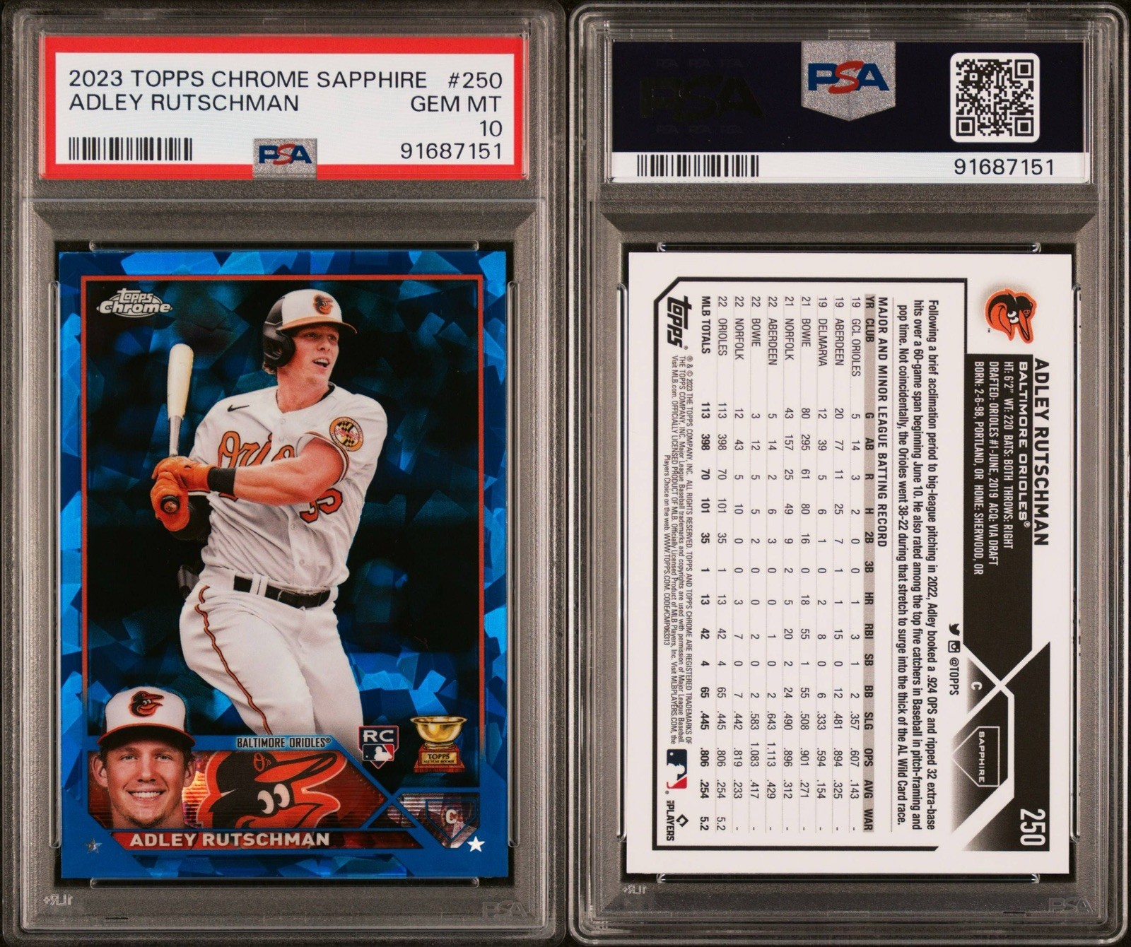 Adley Rutschman 2023 Topps Chrome Sapphire Edition #250 Rookie PSA 10 Orioles 💎