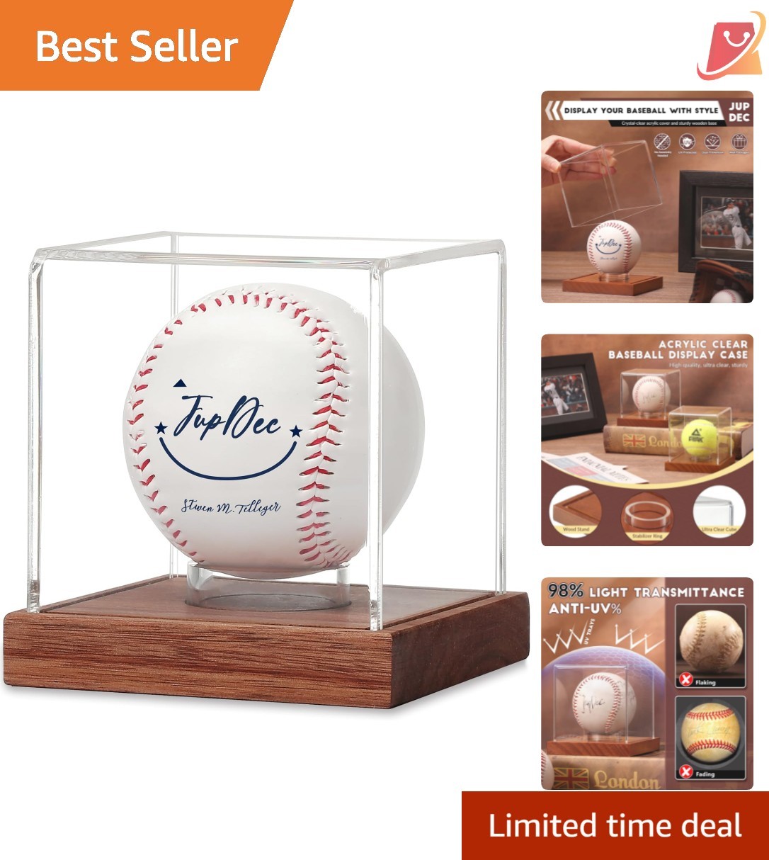 Baseball Display Case Clear Acrylic Cube with Wooden Base Autograph Holder