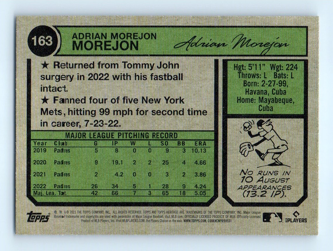 2023 Topps Heritage Adrian Morejon San Diego Padres #163
