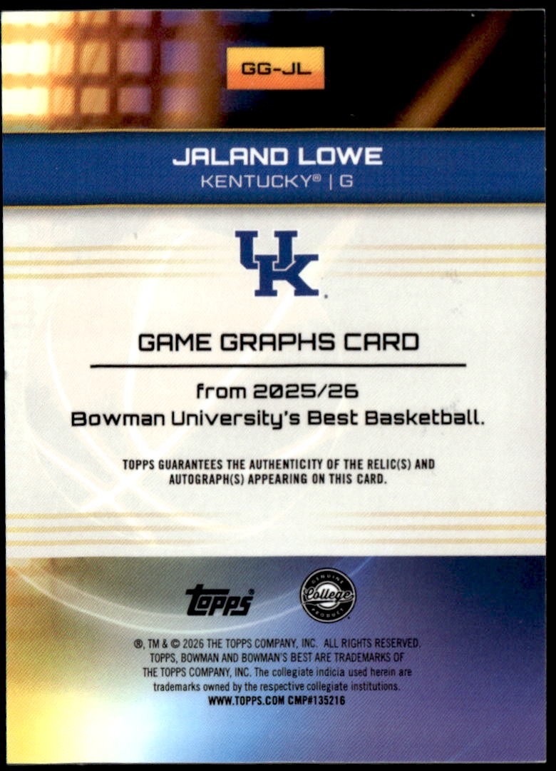 2025-26 Bowman U Best #GG-JL Jaland Lowe Game Graphs Relic Autograph Gold #/50
