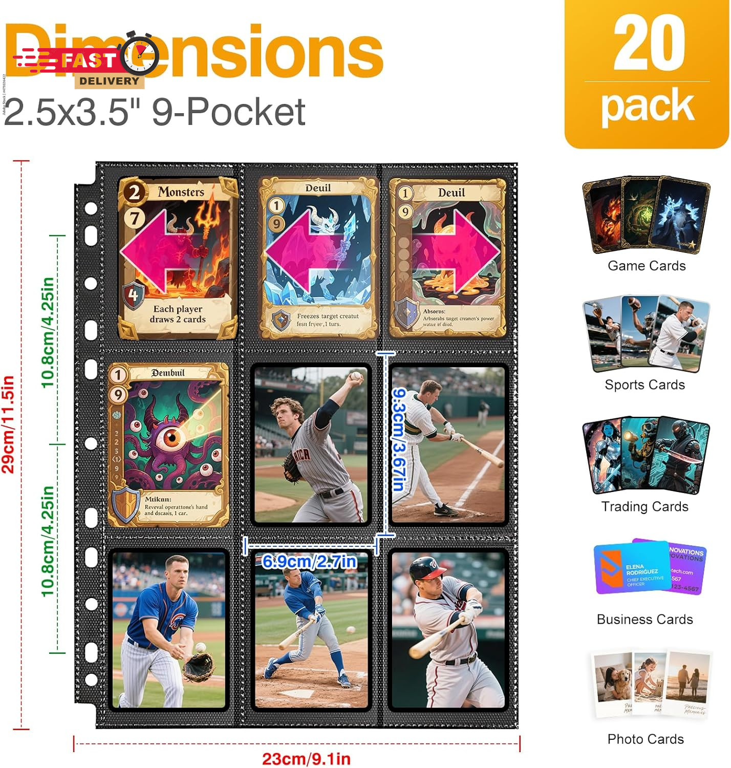 20 Pack 360 Pockets Black Trading Card Sleeves Binder Sheets, Double Sided Thick