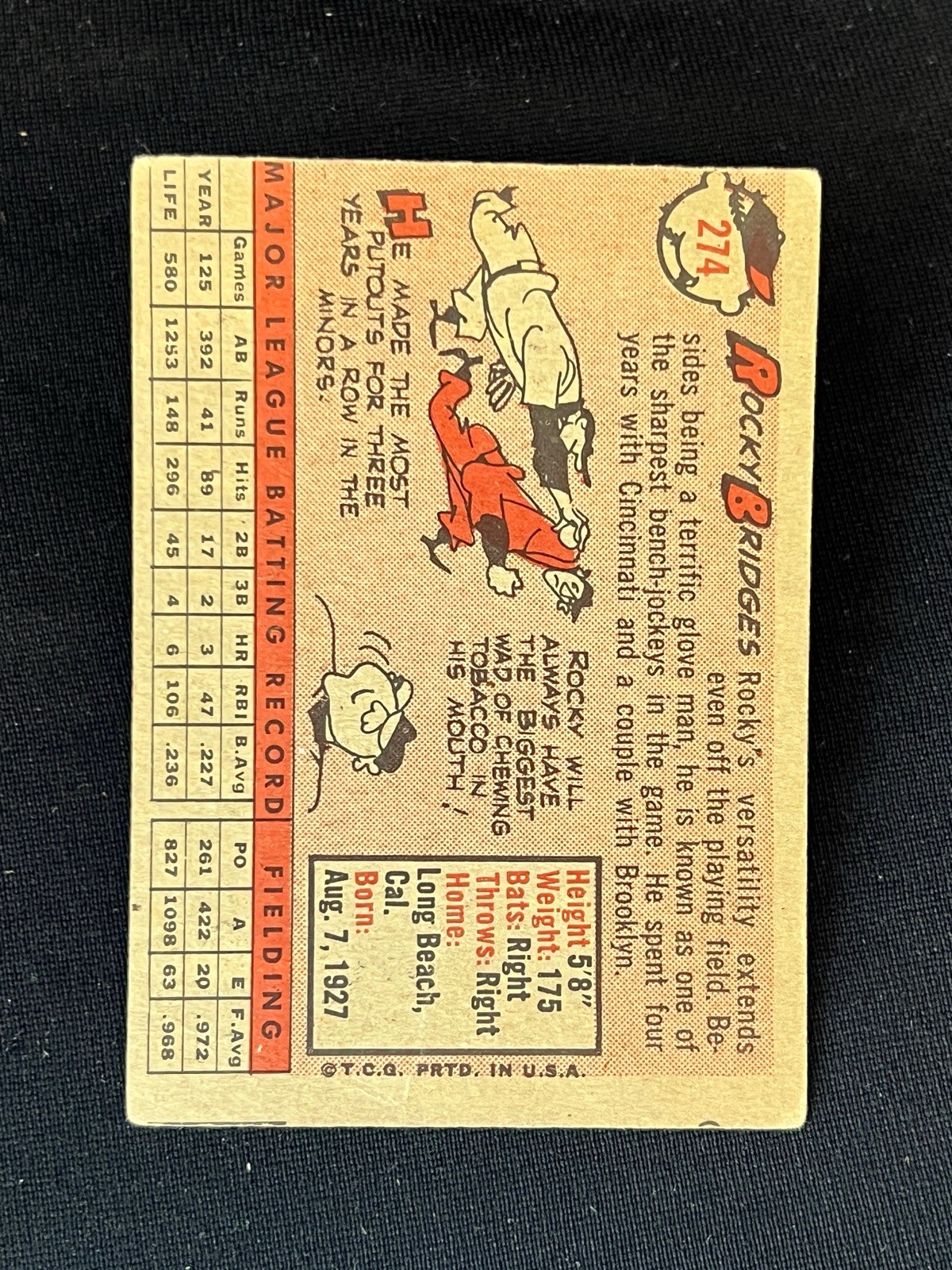 1958 Topps Rocky Bridges #274 Washington Senators Vg