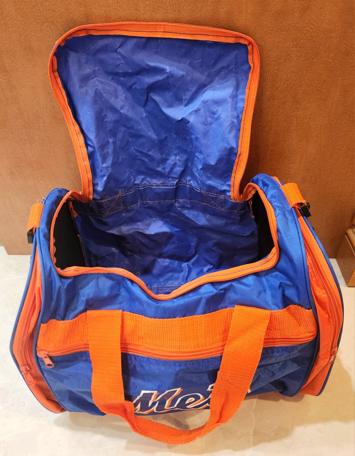 New York Mets And Verizon Logo duffel bag in blue and orange