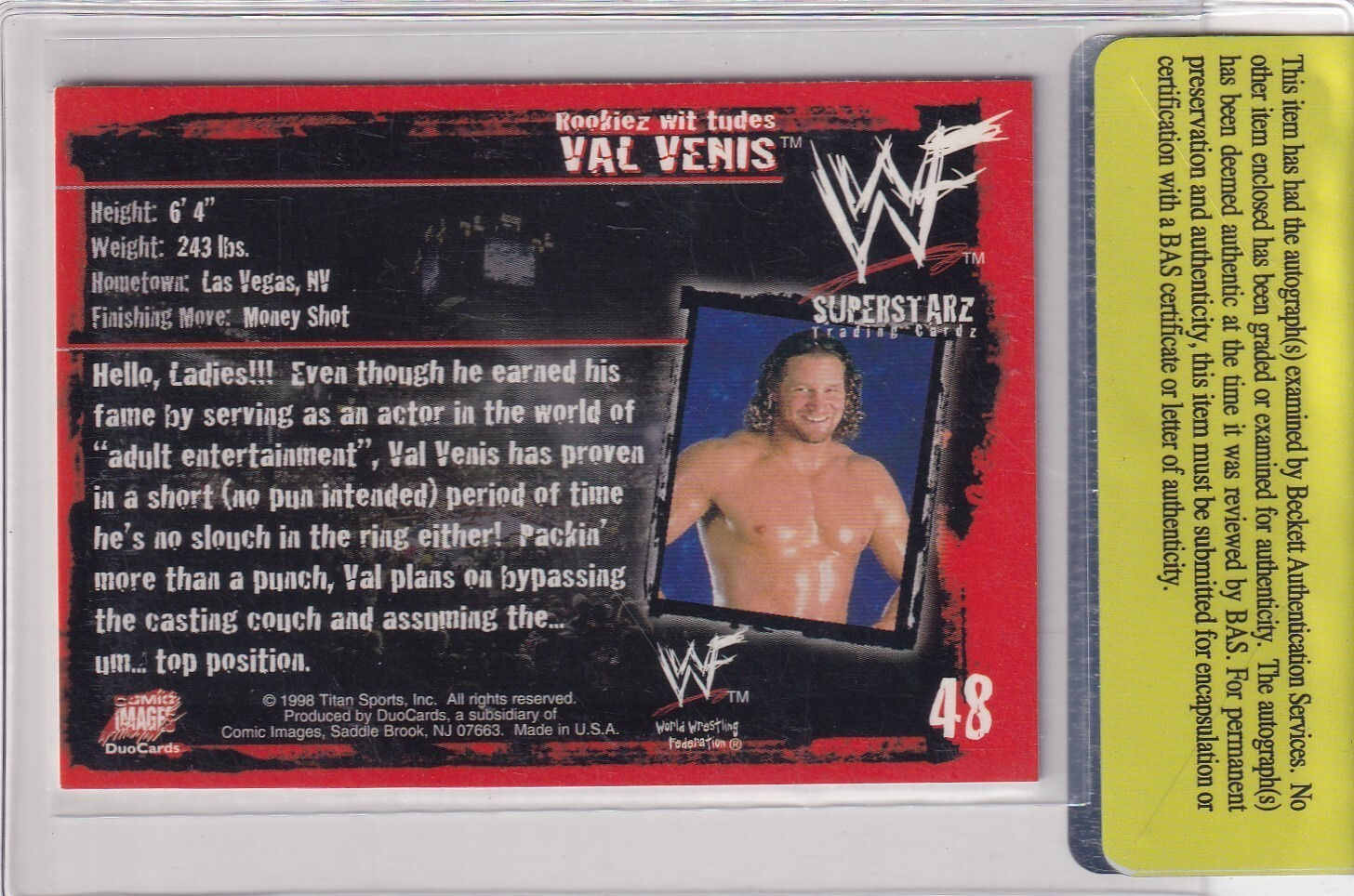 Val Venis Signed 1998 Comic Images DuoCards WWF Rookie Card #48 BAS COA RC WWE