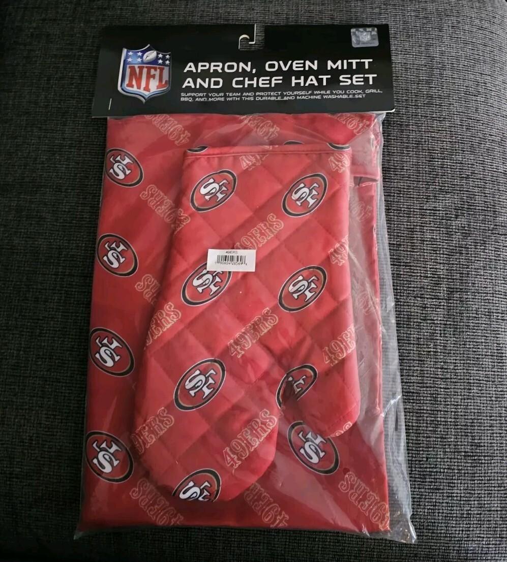 SAN FRANCISCO 49ERS APRON AND CHEF HAT OVEN MITTEN HIGH QUALITY SET REPRESENT