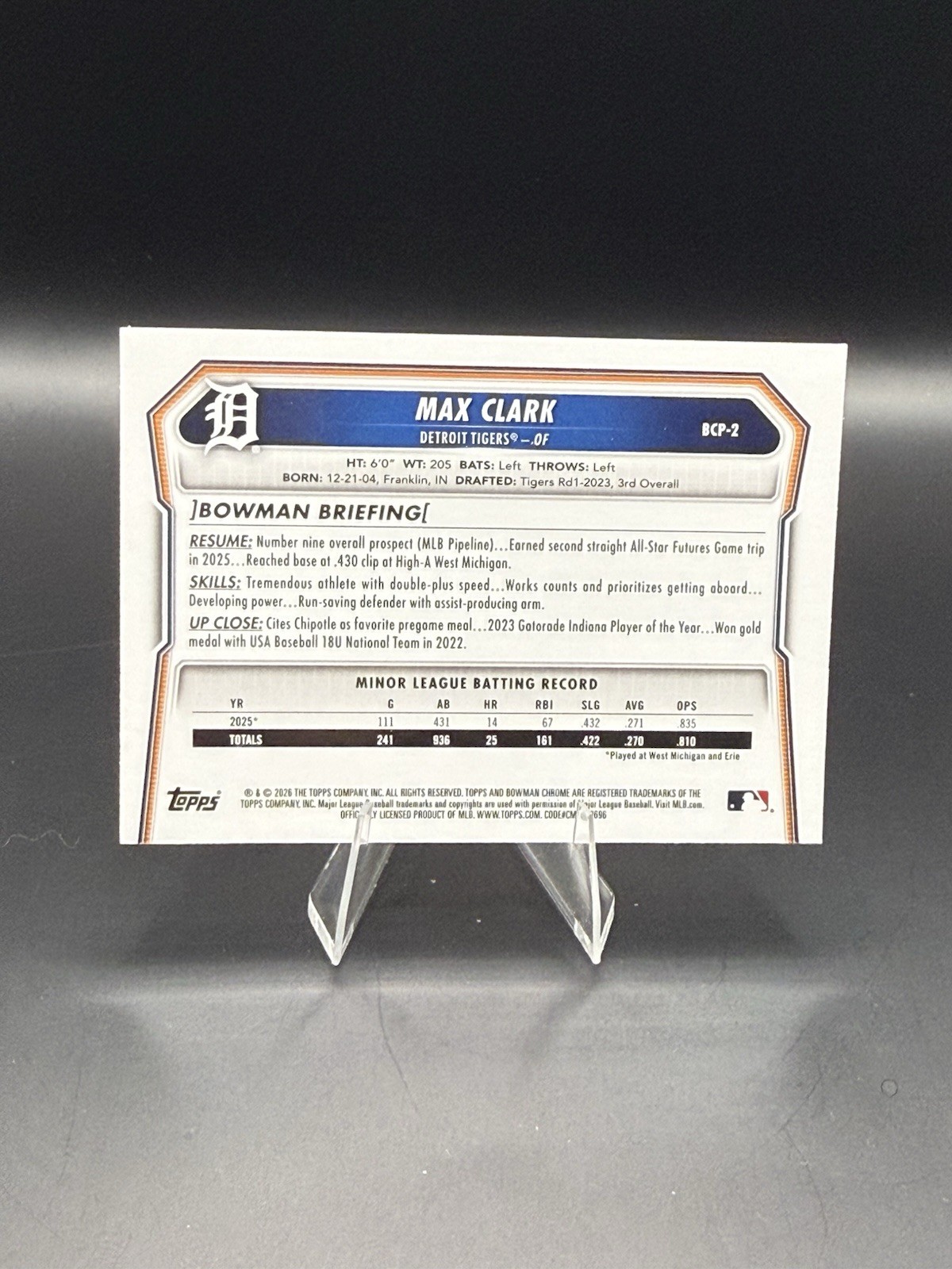 2026 Bowman Max Clark Aqua Mojo Refractor /125 BCP-2 Tigers Top Prospect SP