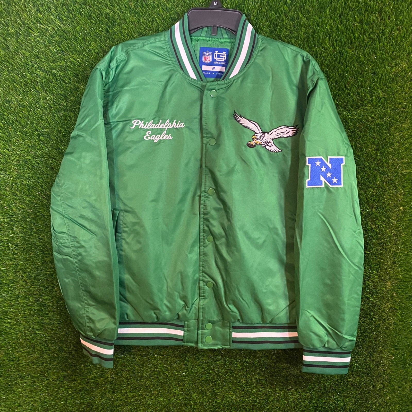 NFL Philadelphia Eagles Retro Logo Kelly Green Snap Bomber Varsity Jacket $135