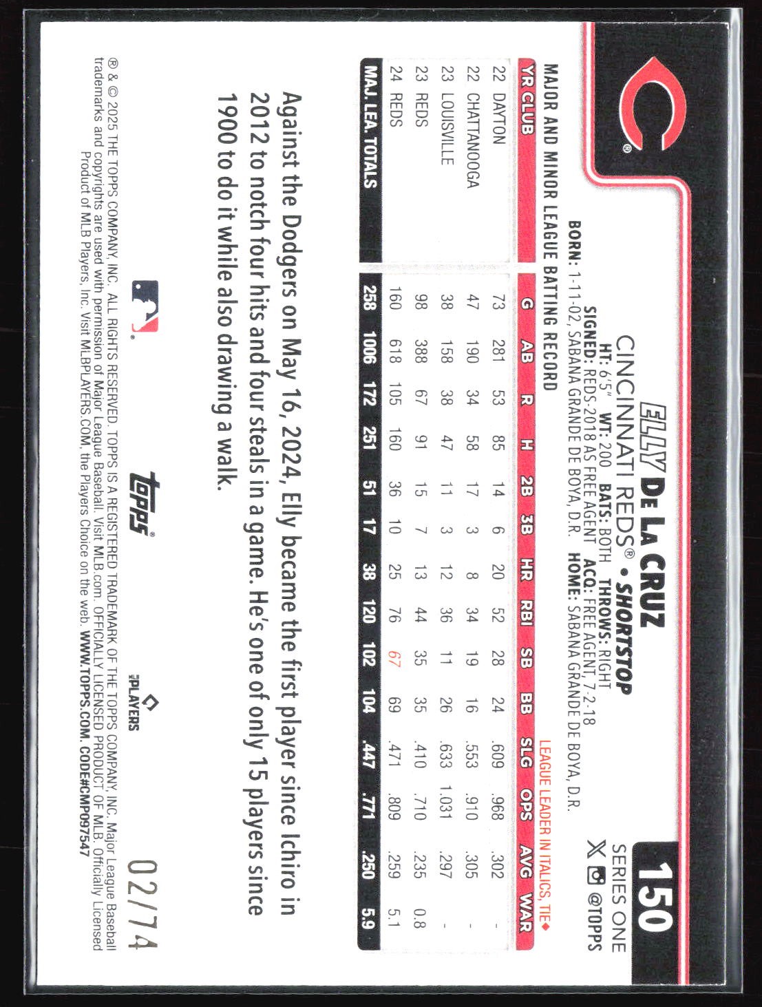 2025 Topps #150 Elly De La Cruz Black #/74