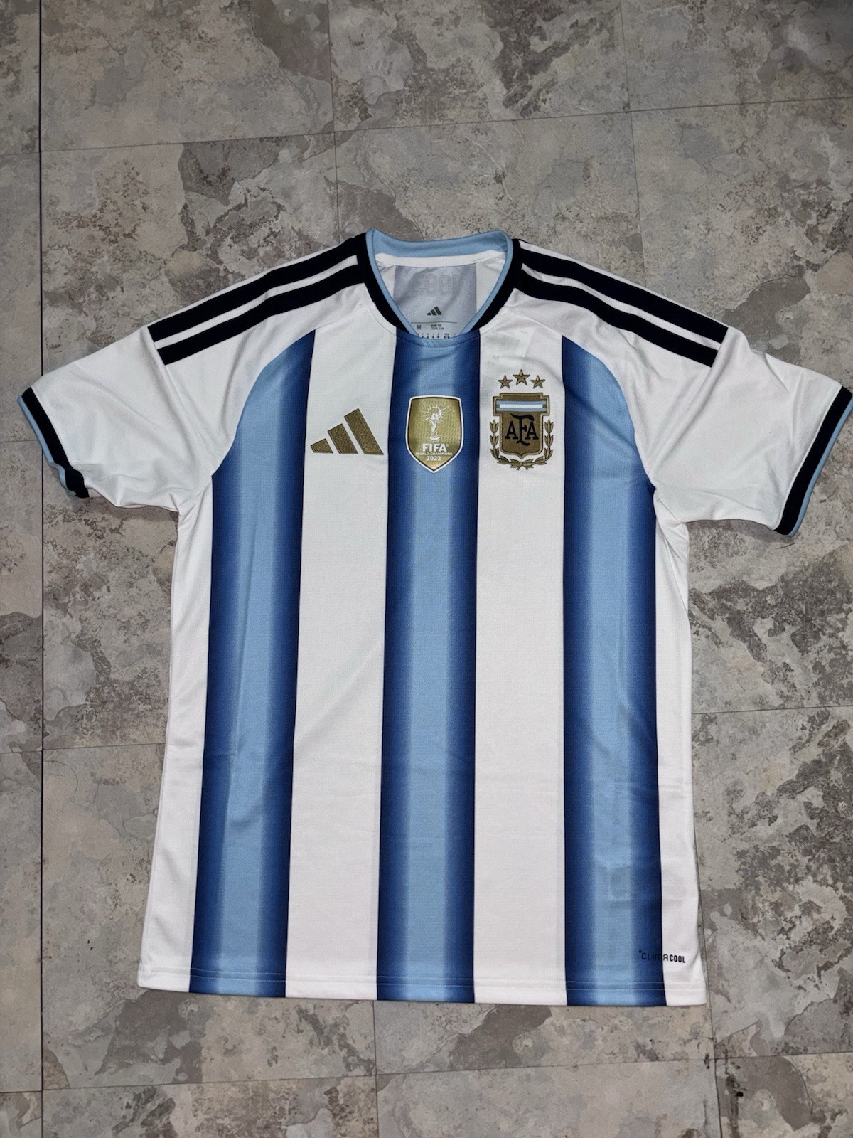Argentina Soccer Jersey White/Light Blue Striped Black Gold (WORLD CUP MERCH)