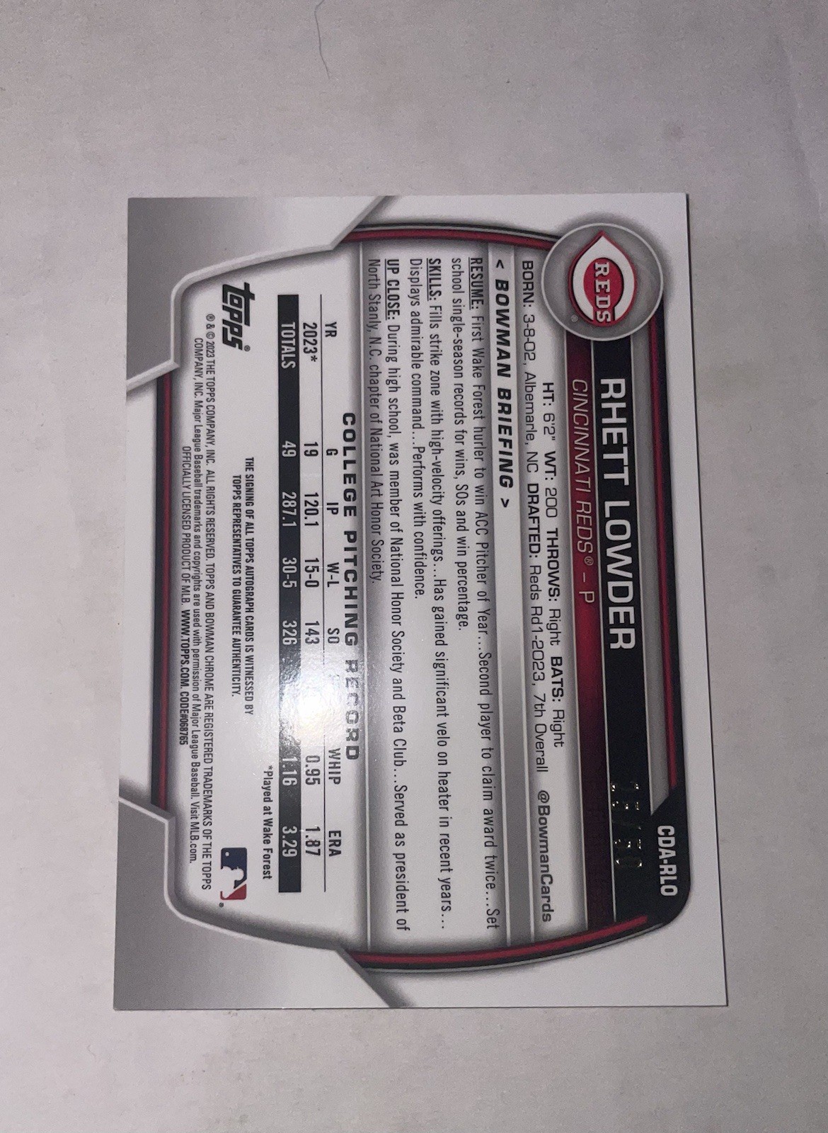 Rhett Lowder /50 Rookie Auto 2023 1st Bowman Chrome Gold-Read Description!
