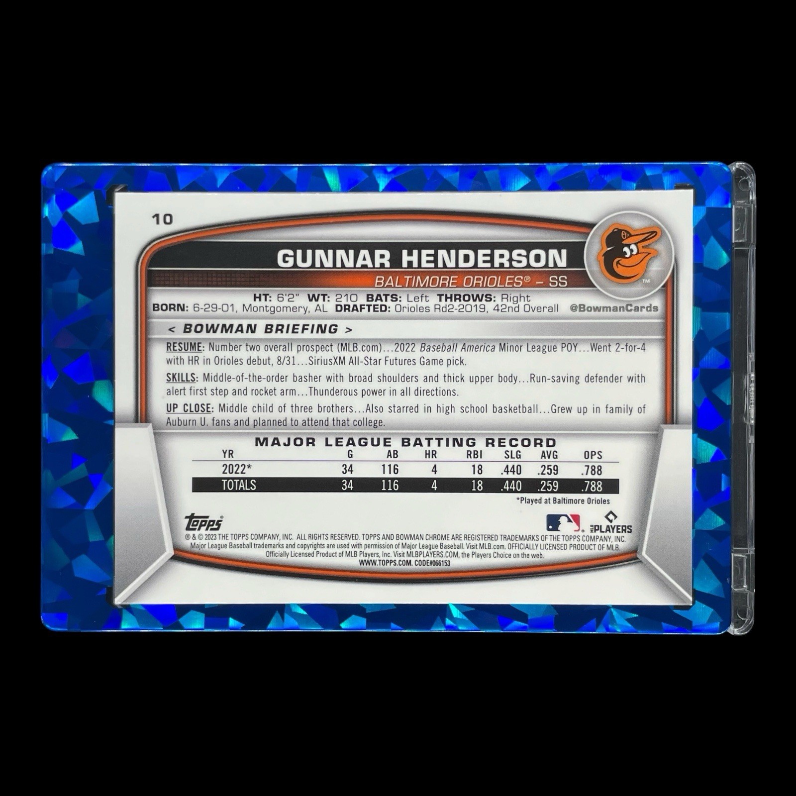 GUNNAR HENDERSON SAPPHIRE ROOKIE BLUE CRACKED ICE 2023 Bowman Chrome – Orioles