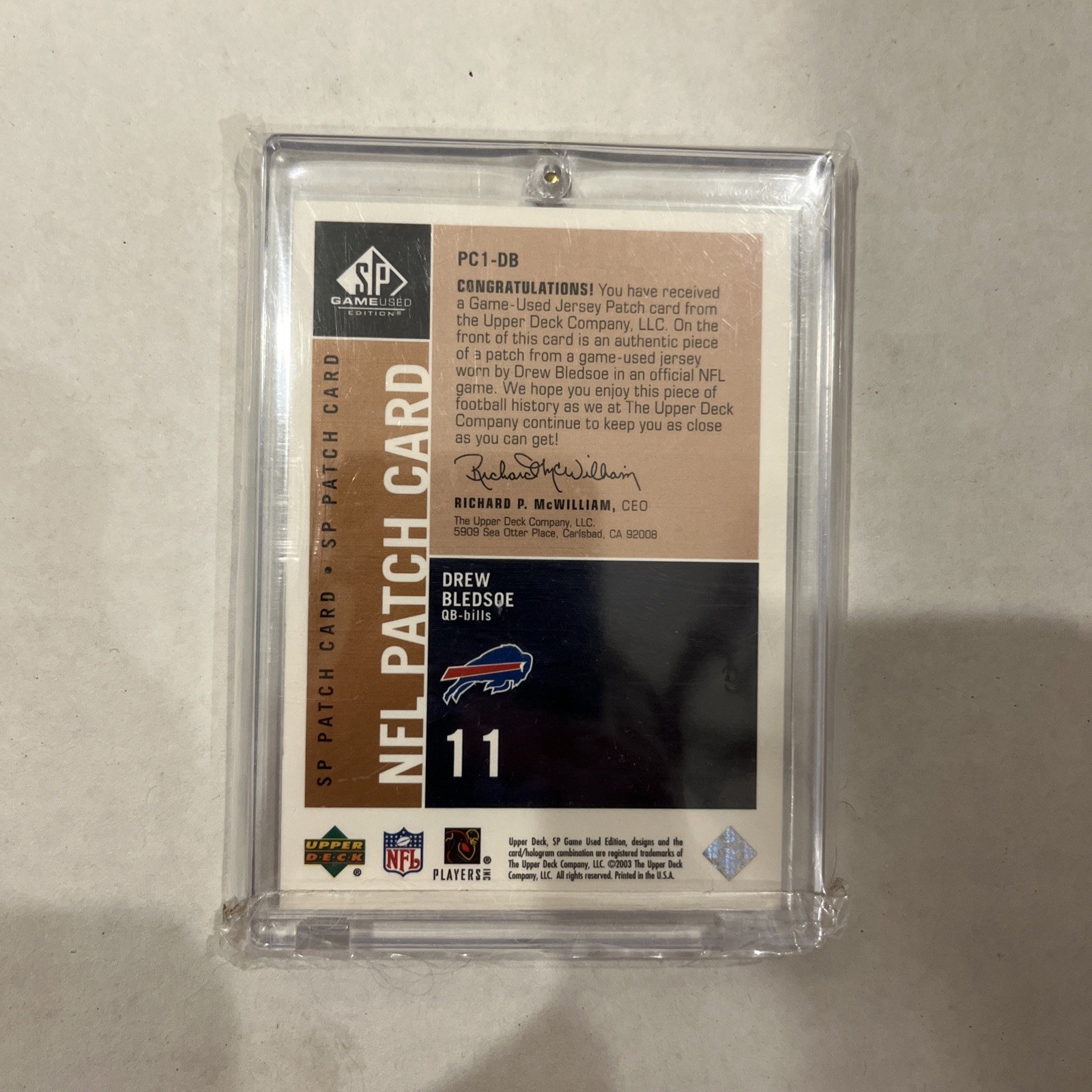 2003 SP Game Used Edition – Nfl Patch Card Drew Bledsoe #PC1-DB /99 (MEM)