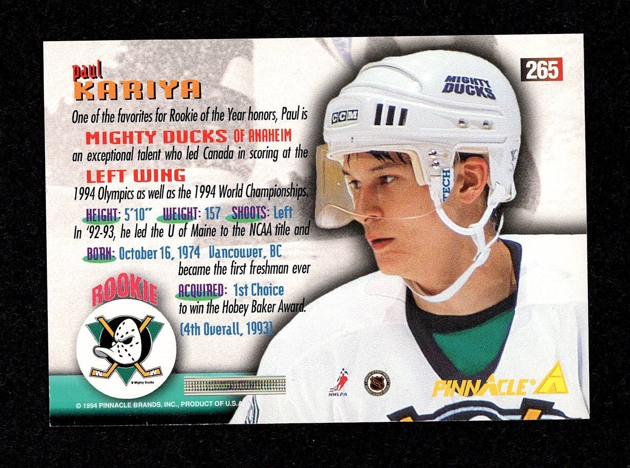 Paul Kariya 1994 Pinnacle Rookie Card #265 – Mighty Ducks Of Anaheim