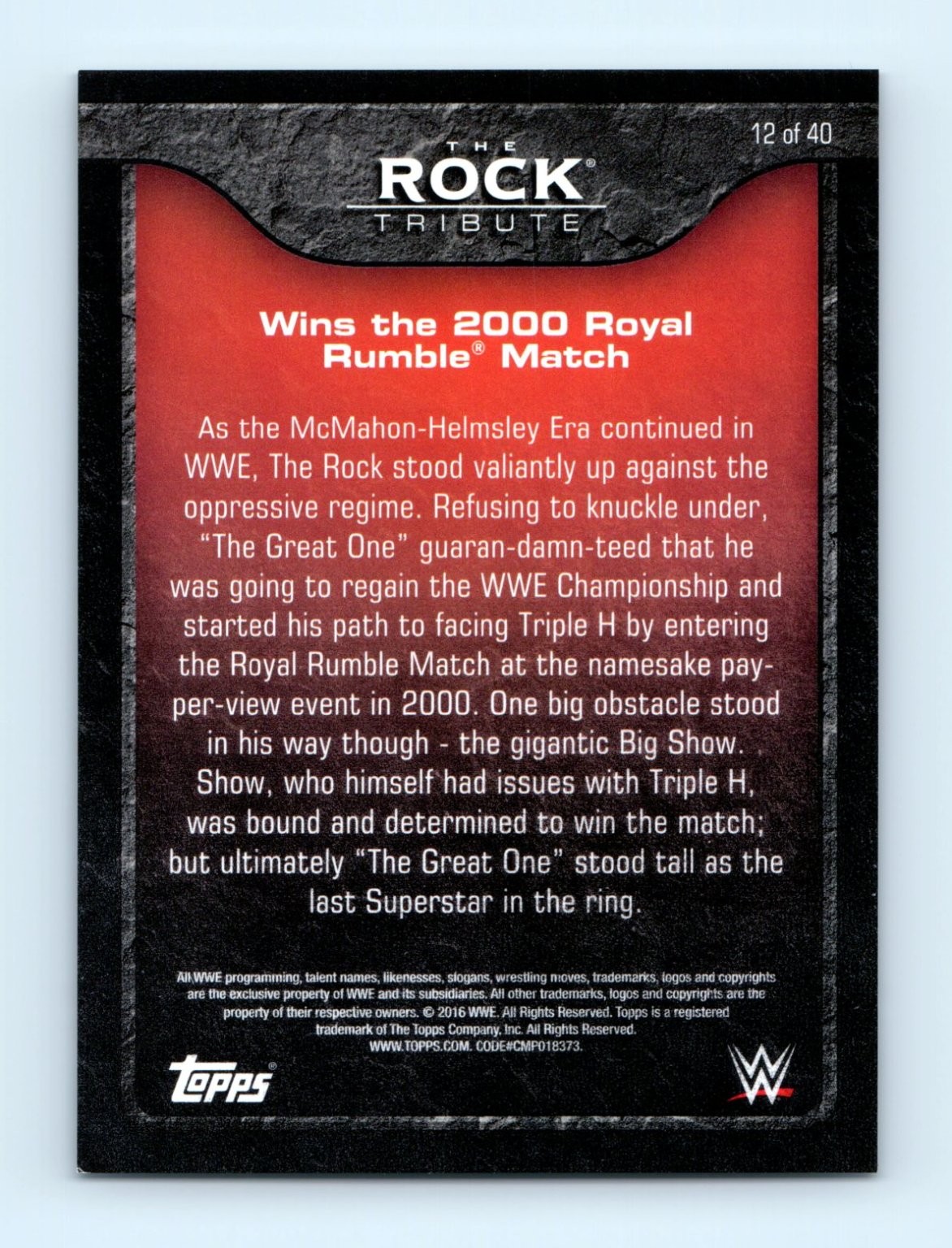 The Rock WWE 2016 The Rock Tribute Topps 12/40 Wrestling Card