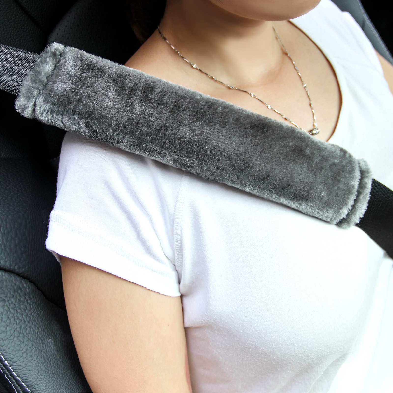 Amooca Soft Faux Fur Universal Fit Seatbelt Cover Car 10.5in 2pack, Dark Gray